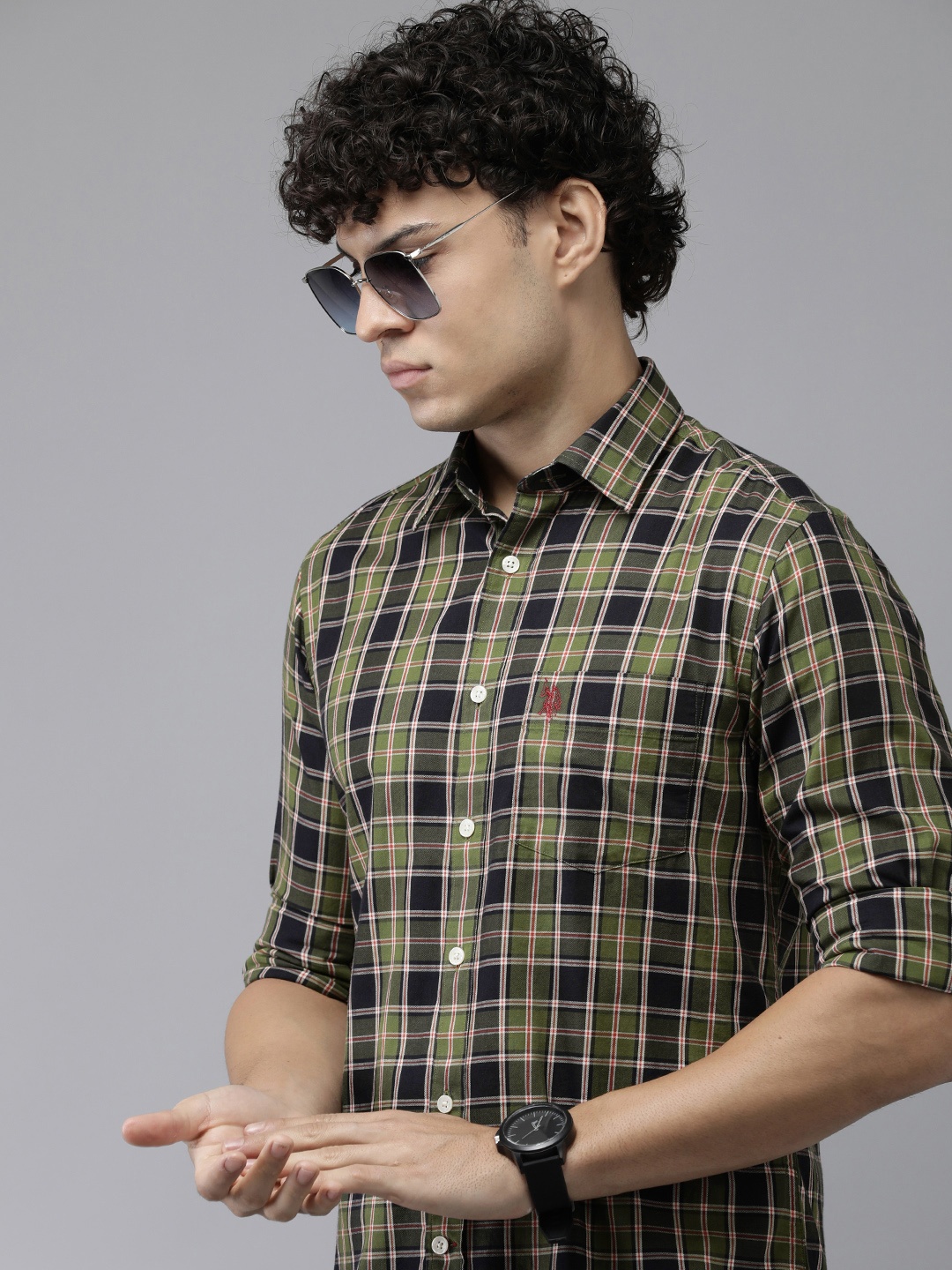 

U.S. Polo Assn. Premium Tailored Fit Pure Cotton Checked Casual Shirt, Green