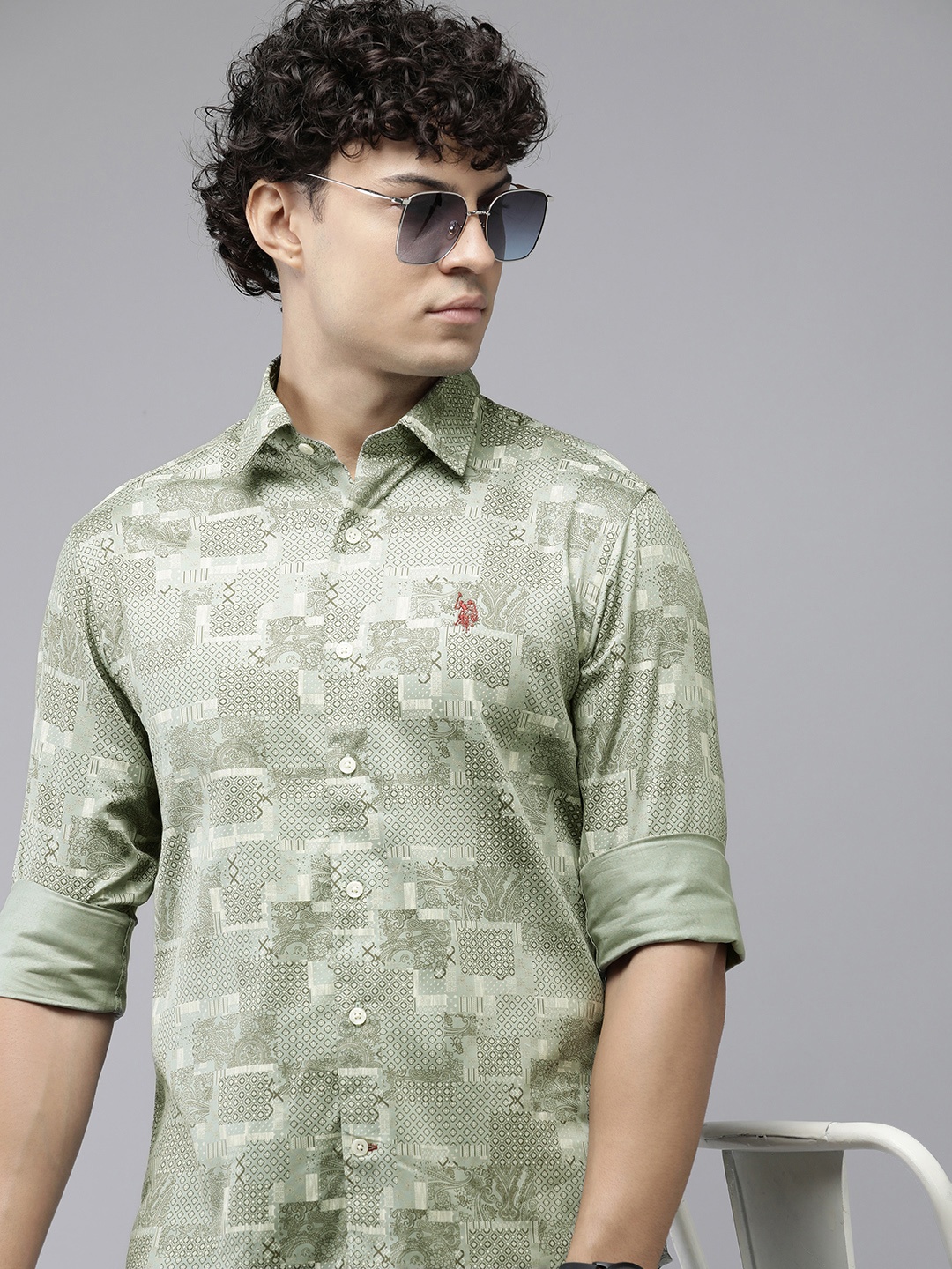 

U.S. Polo Assn. Premium Tailored Fit Pure Cotton Printed Casual Shirt, Olive