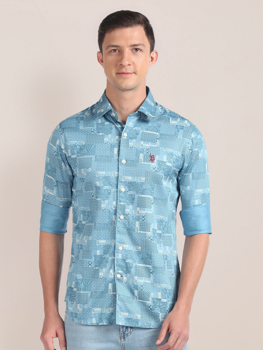 

U.S. Polo Assn. Tailored Fit Printed Pure Cotton Casual Shirt, Blue