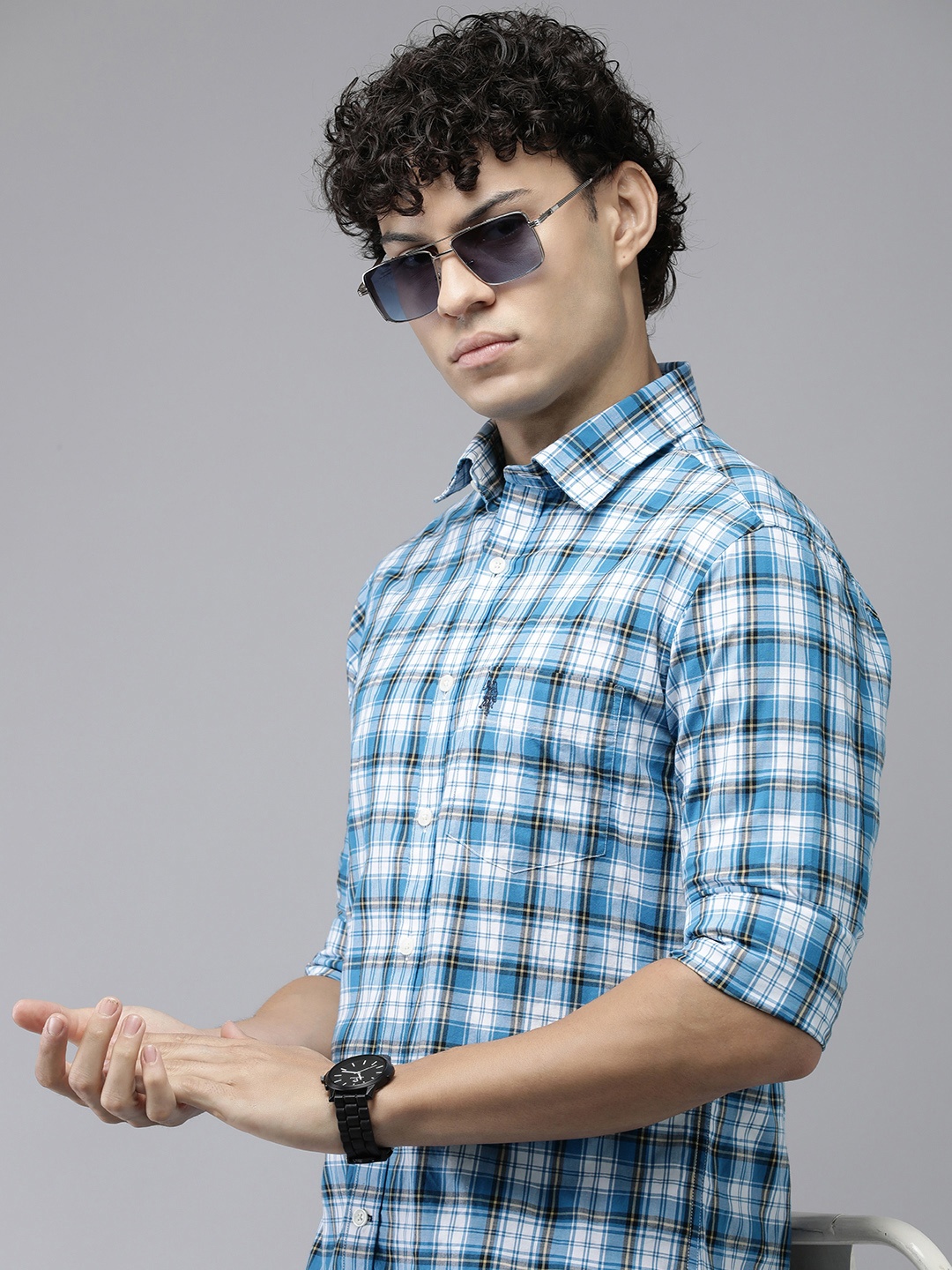 

U.S. Polo Assn. Tailored Fit Checked Pure Cotton Casual Shirt, Blue