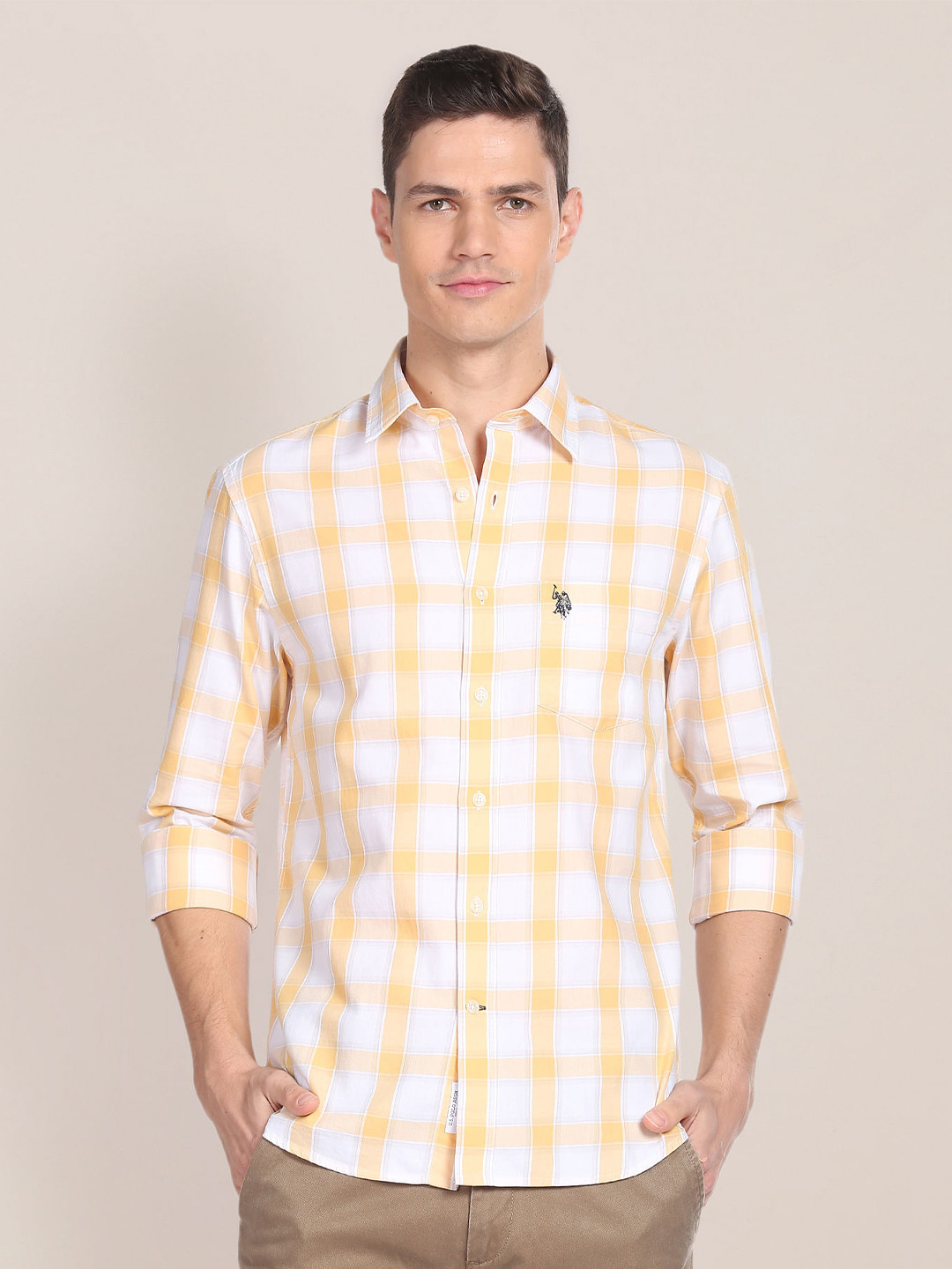 

U.S. Polo Assn. Tailored Fit Checked Pure Cotton Casual Shirt, Yellow