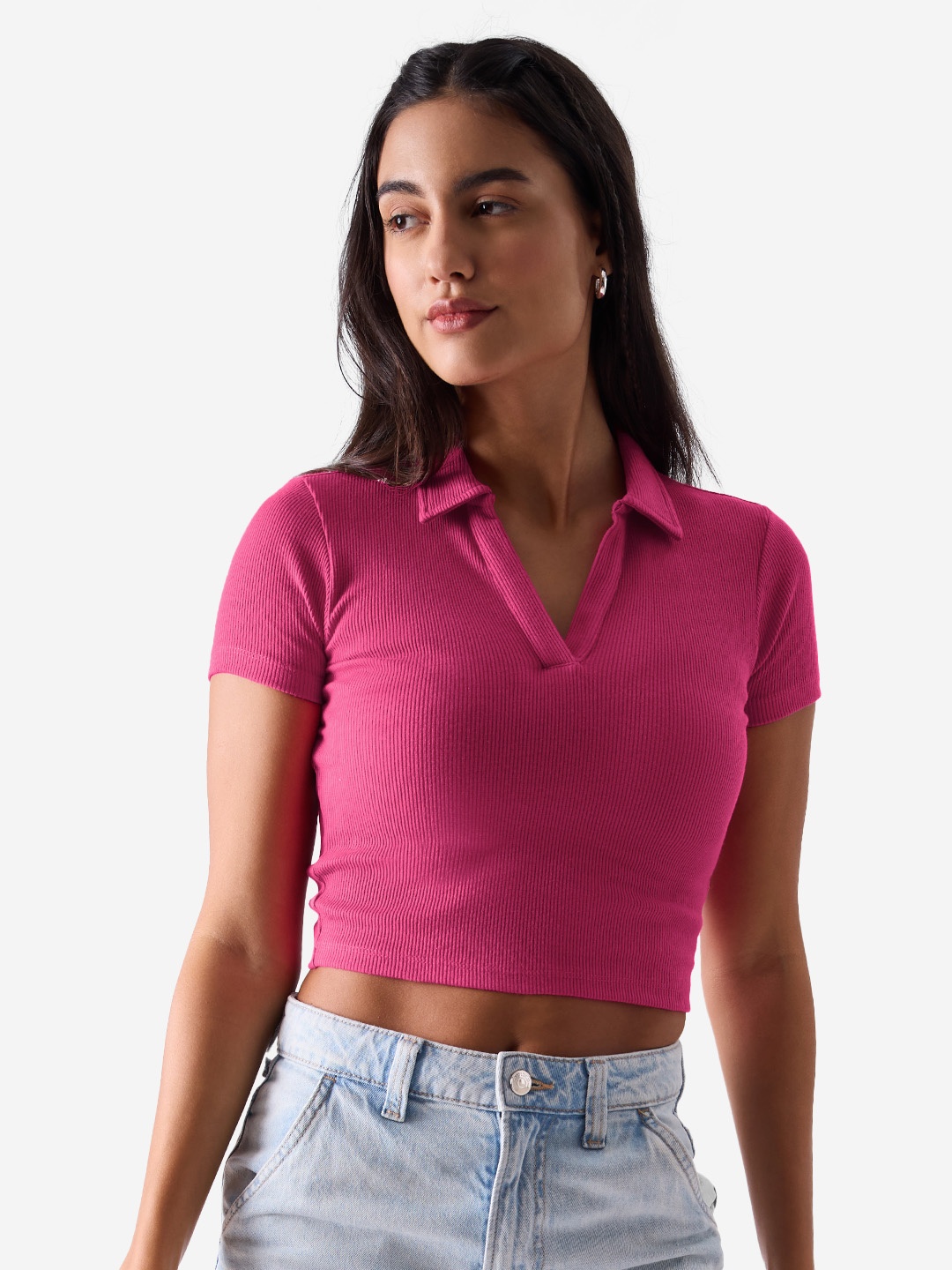 

The Souled Store Pink V-Neck Slim Fit Crop T-shirt
