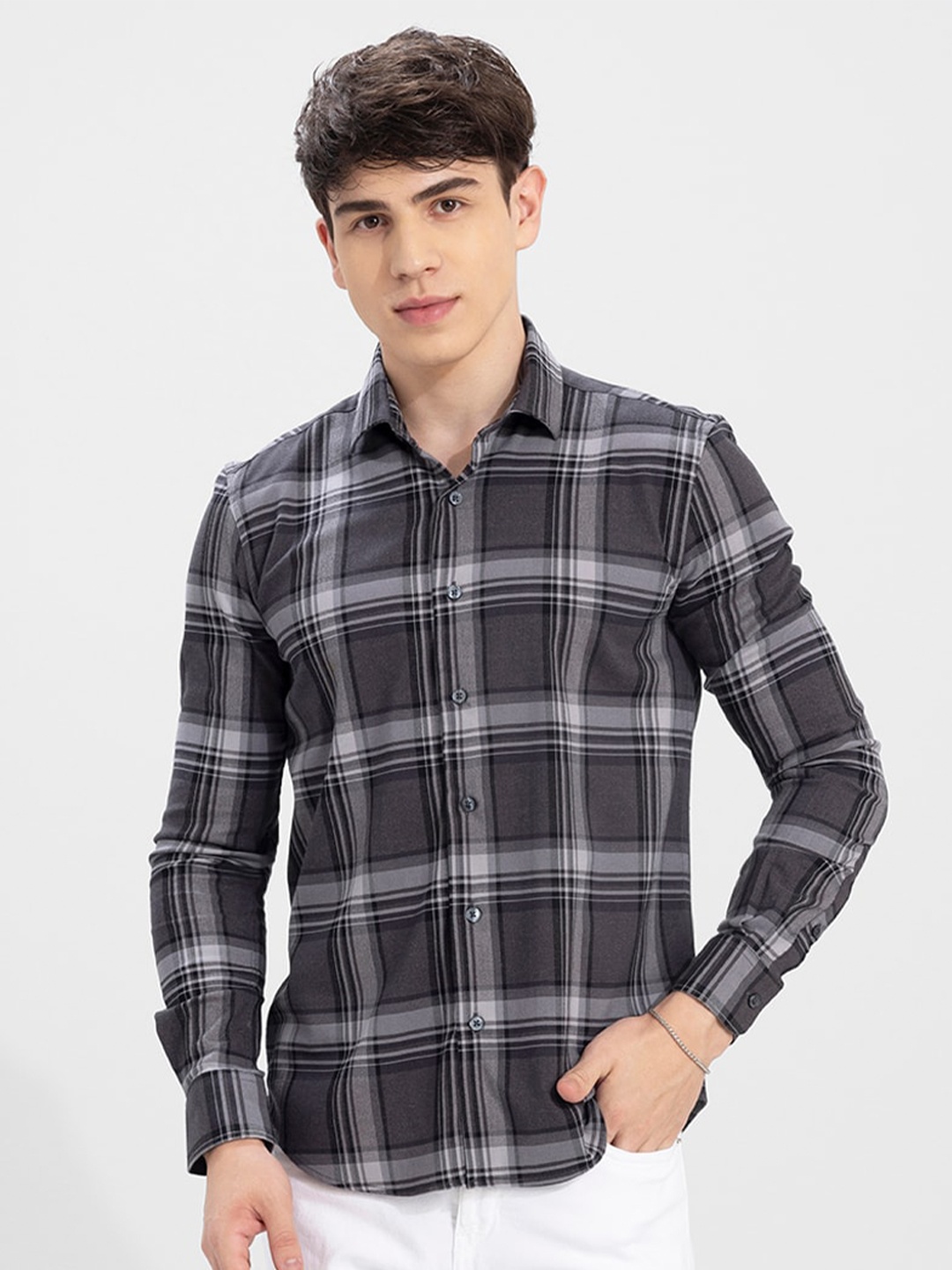 

Snitch Grey Checked Slim Fit Opaque Printed Casual Shirt