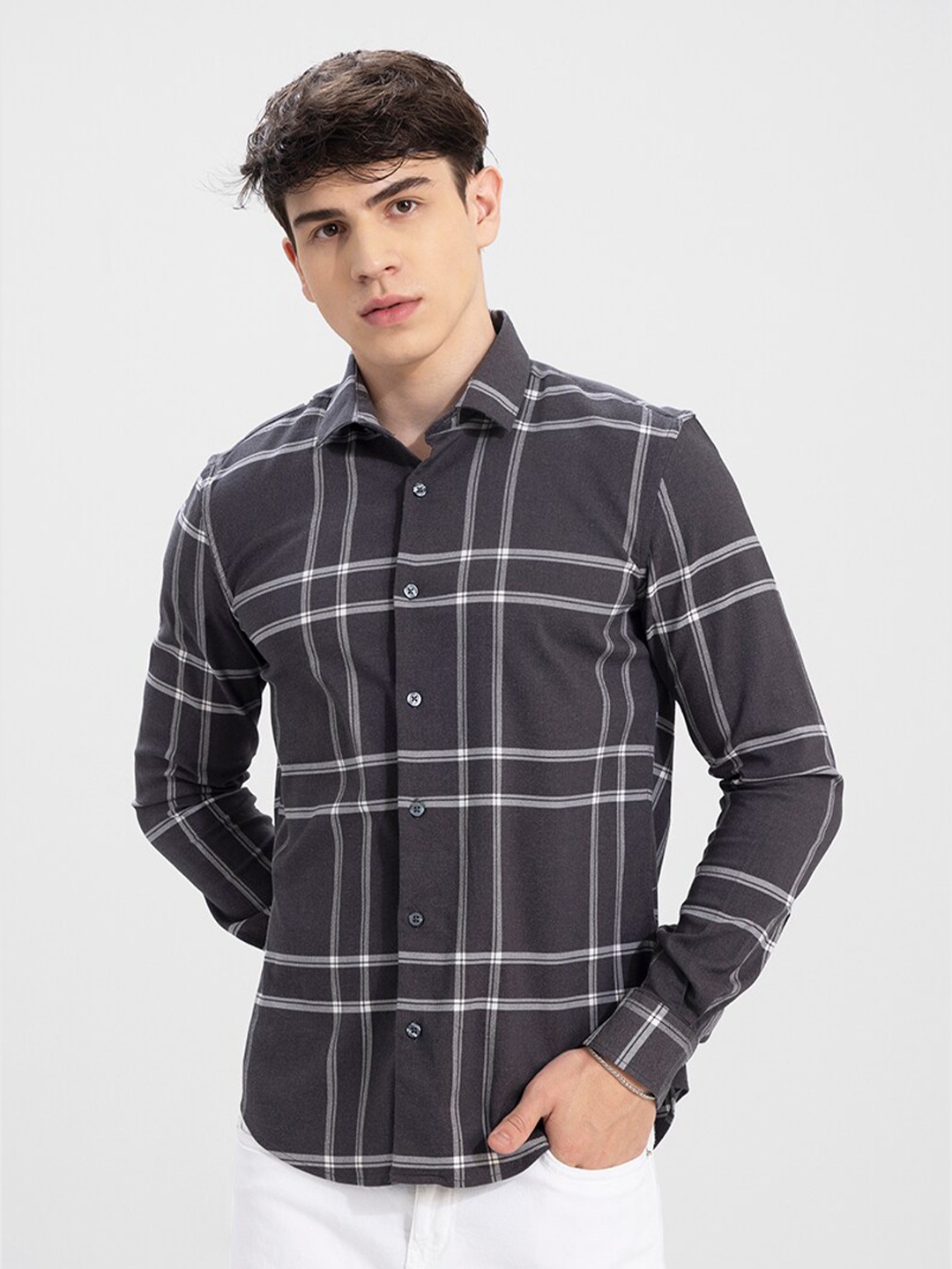 

Snitch Grey Checked Slim Fit Opaque Cotton Casual Shirt