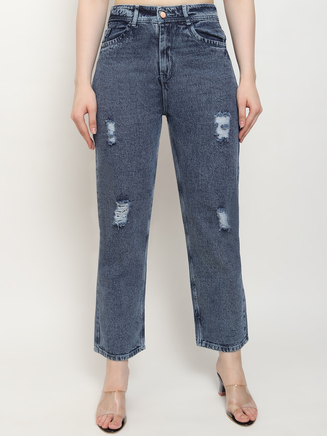 

LIVE OK Women Boyfriend Fit High-Rise Heavy Fade Highly Distressed Jeans, Blue