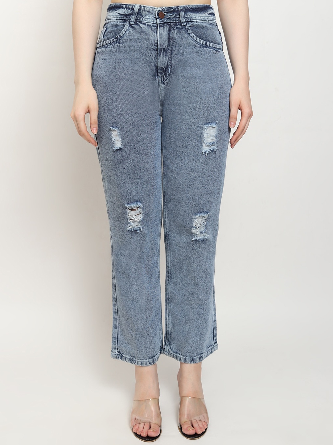 

LIVE OK Women Boyfriend Fit High-Rise Midly Distressed Jeans, Blue
