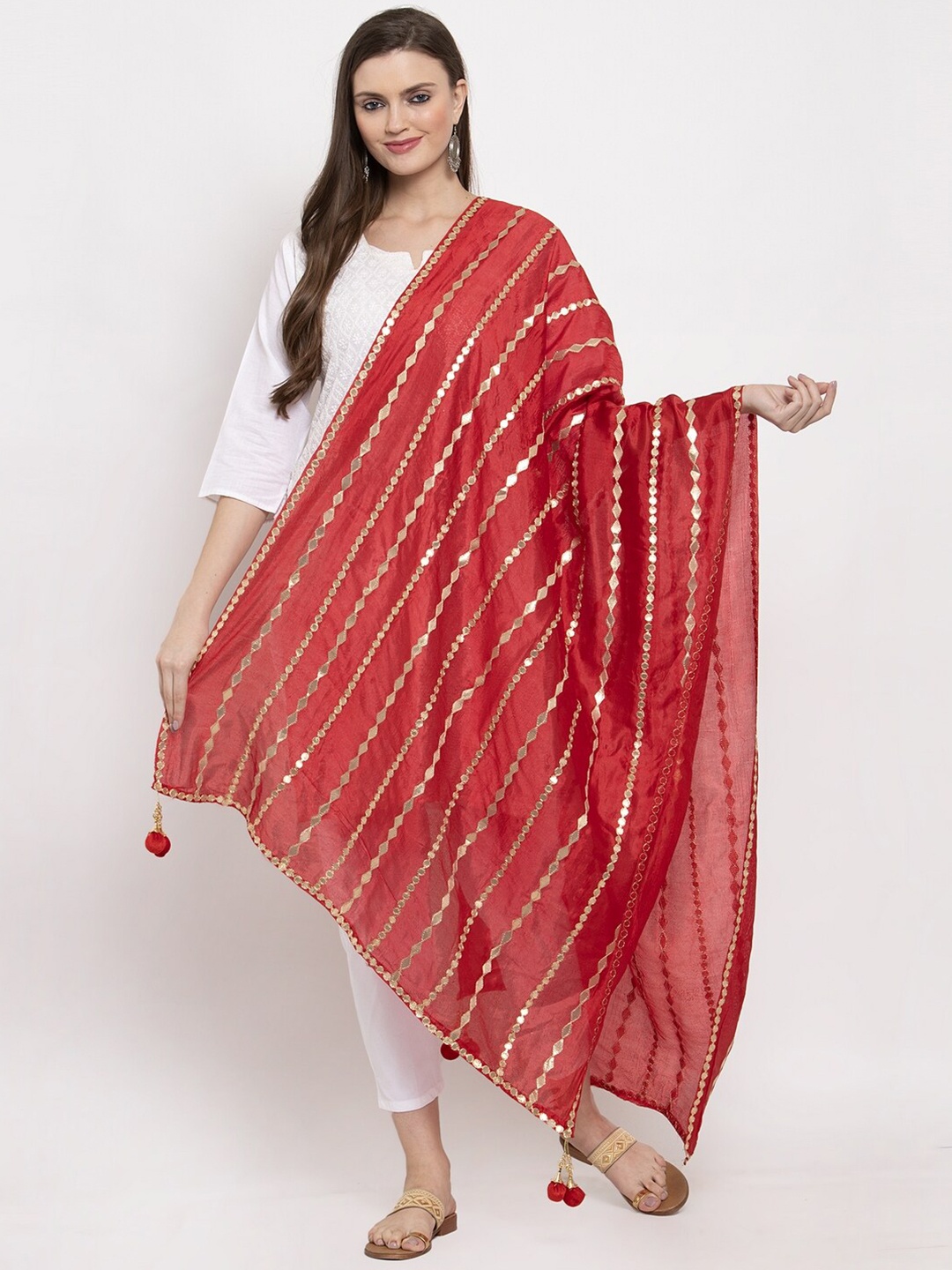 

Clora Creation Striped Embellished Dupatta With Gotta Patti, Red