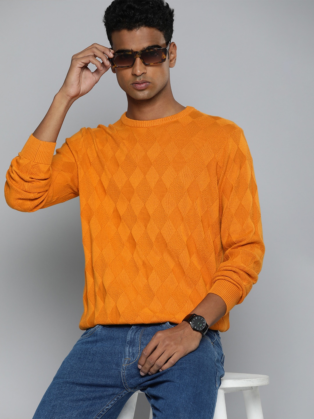 

Levis Round Neck Self-Design Argyle Pattern Pure Cotton Pullover, Orange