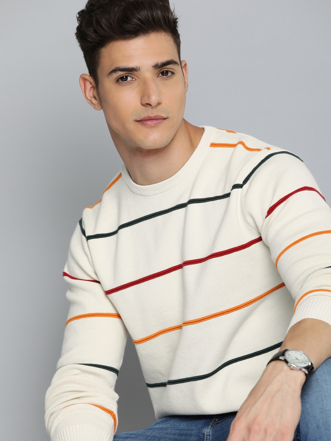 

Levis Striped Round Neck Pullover Sweaters, Off white