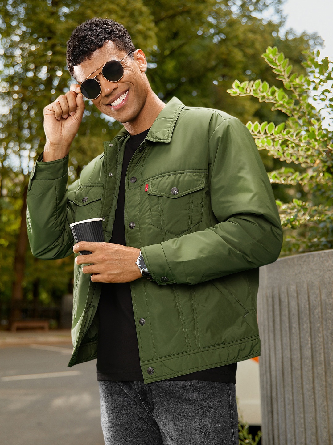 

Levis Spread Collar Solid Full Sleeves Puffer Jacket, Olive