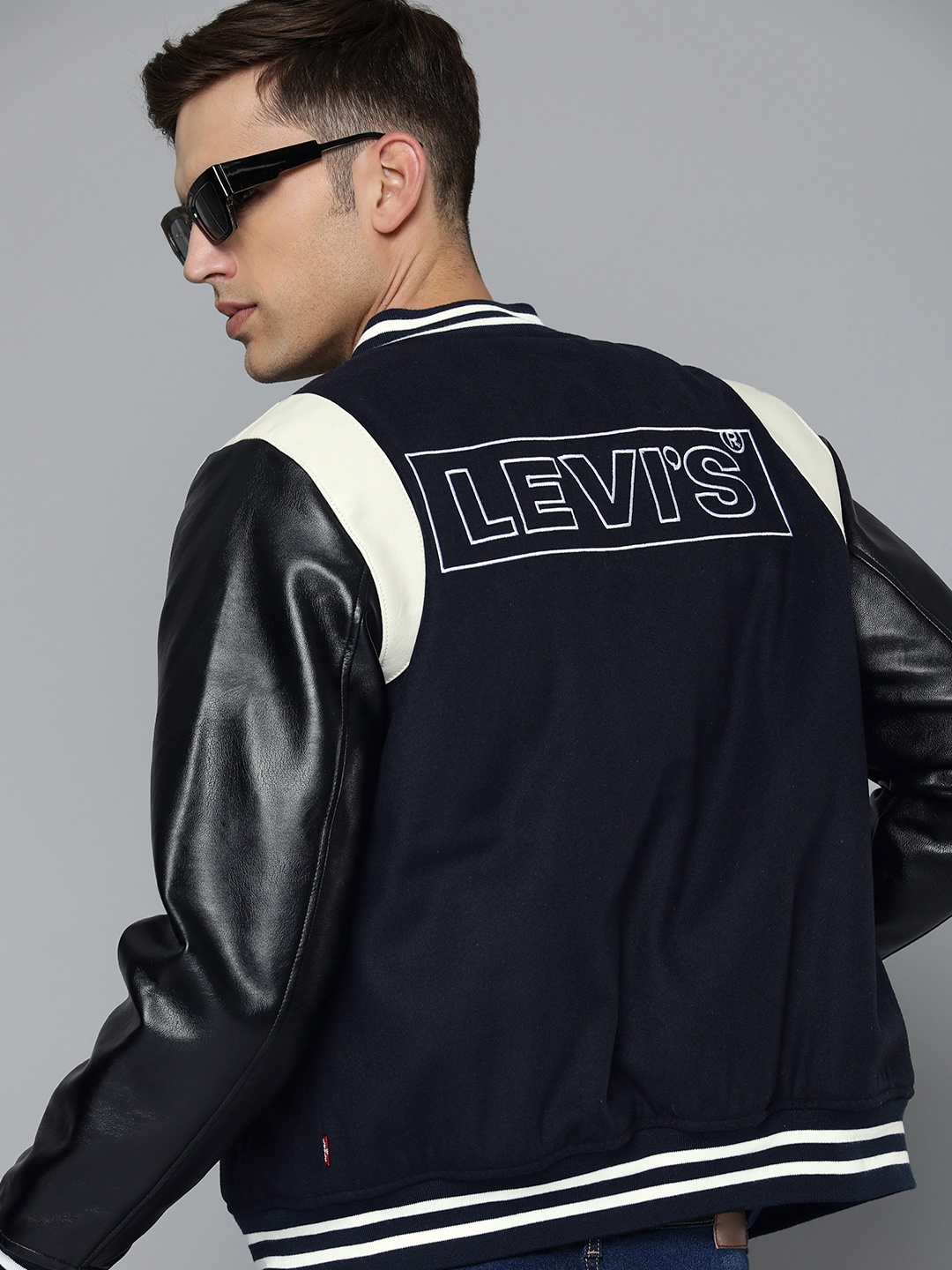 

Levis Brand Logo Printed Colourblocked Woollen With Leather Finish Varsity Jacket, Navy blue