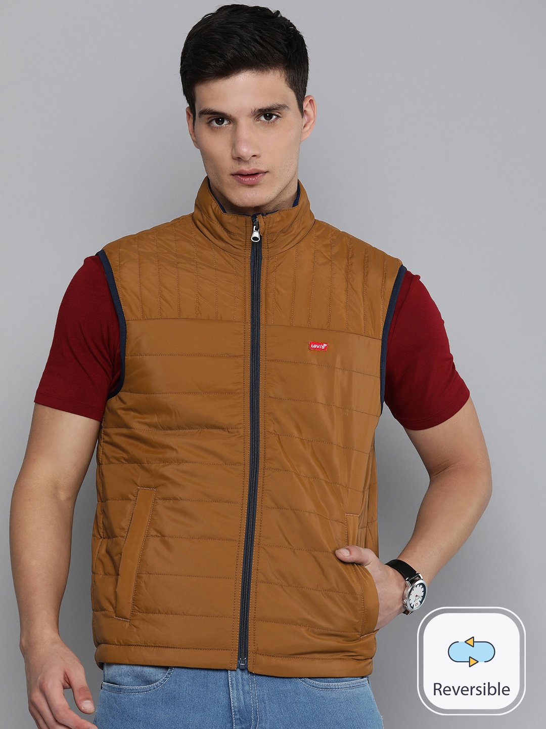 

Levis Solid Mock Collar Reversible Sleeveless Padded Jacket, Brown