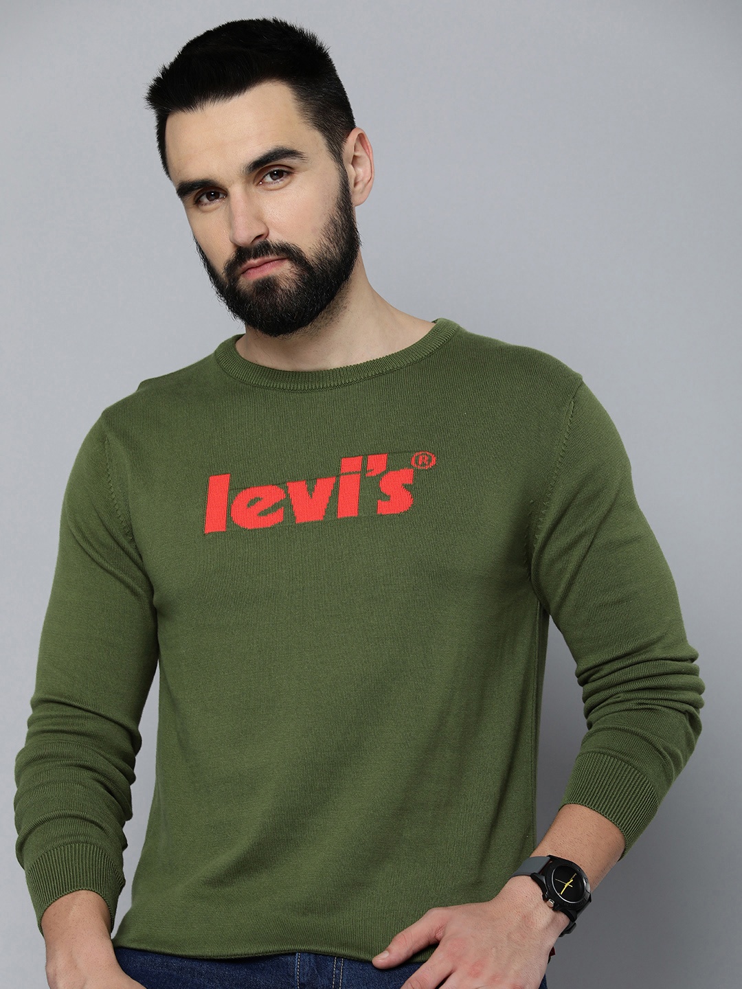 

Levis Pure Cotton Round Collar Pullover Sweater, Olive