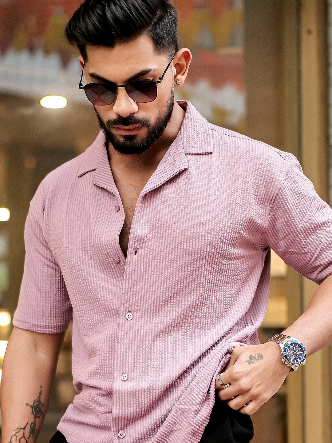 

Maniac Striped Classic Boxy Casual Shirt, Pink