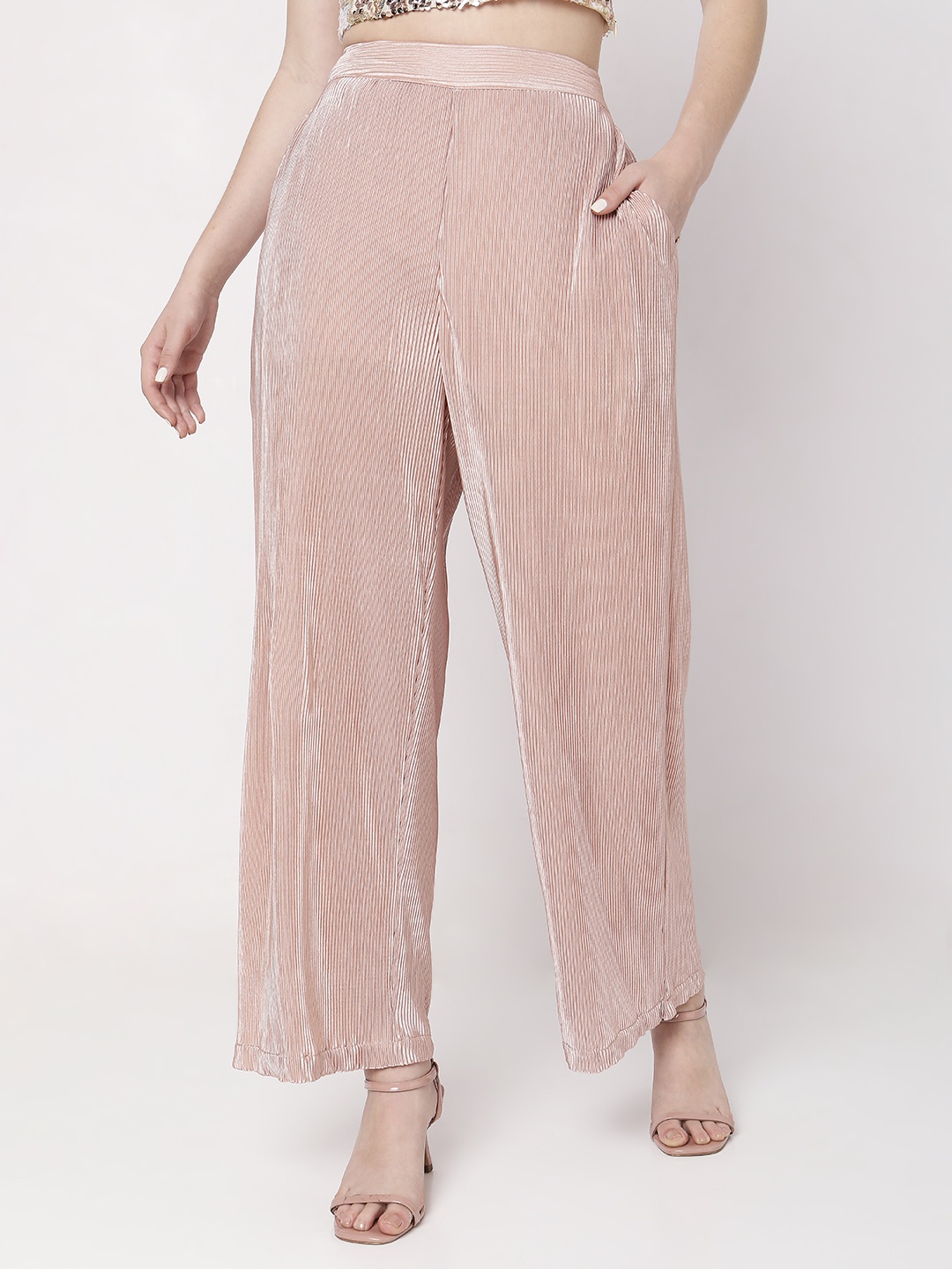 

Vero Moda Women Self Design Straight Fit High-Rise Cotton Parallel Trouser, Peach