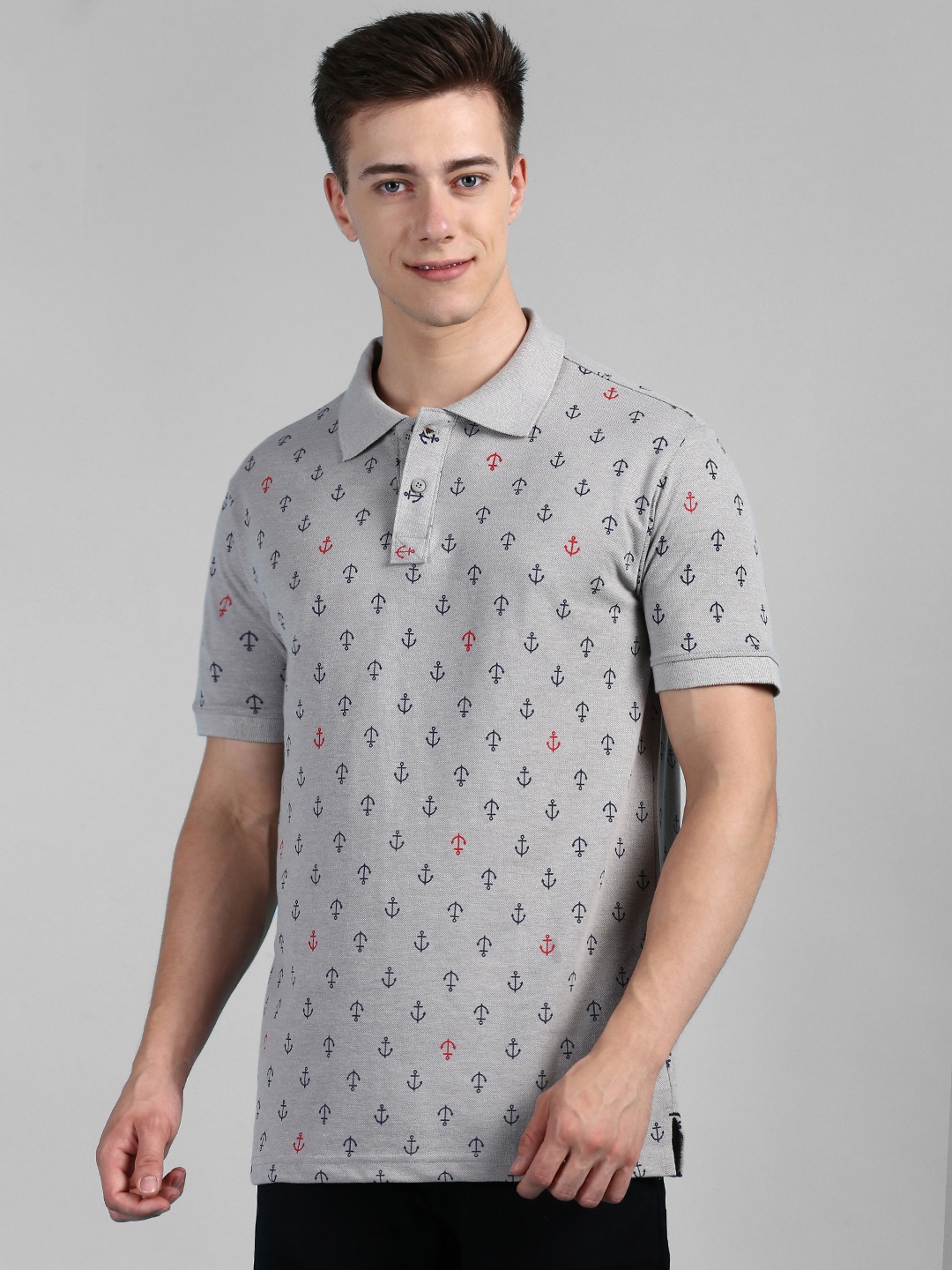 

ONN Polo Collar Conversational Printed Casual Pure Cotton T-shirt, Grey melange