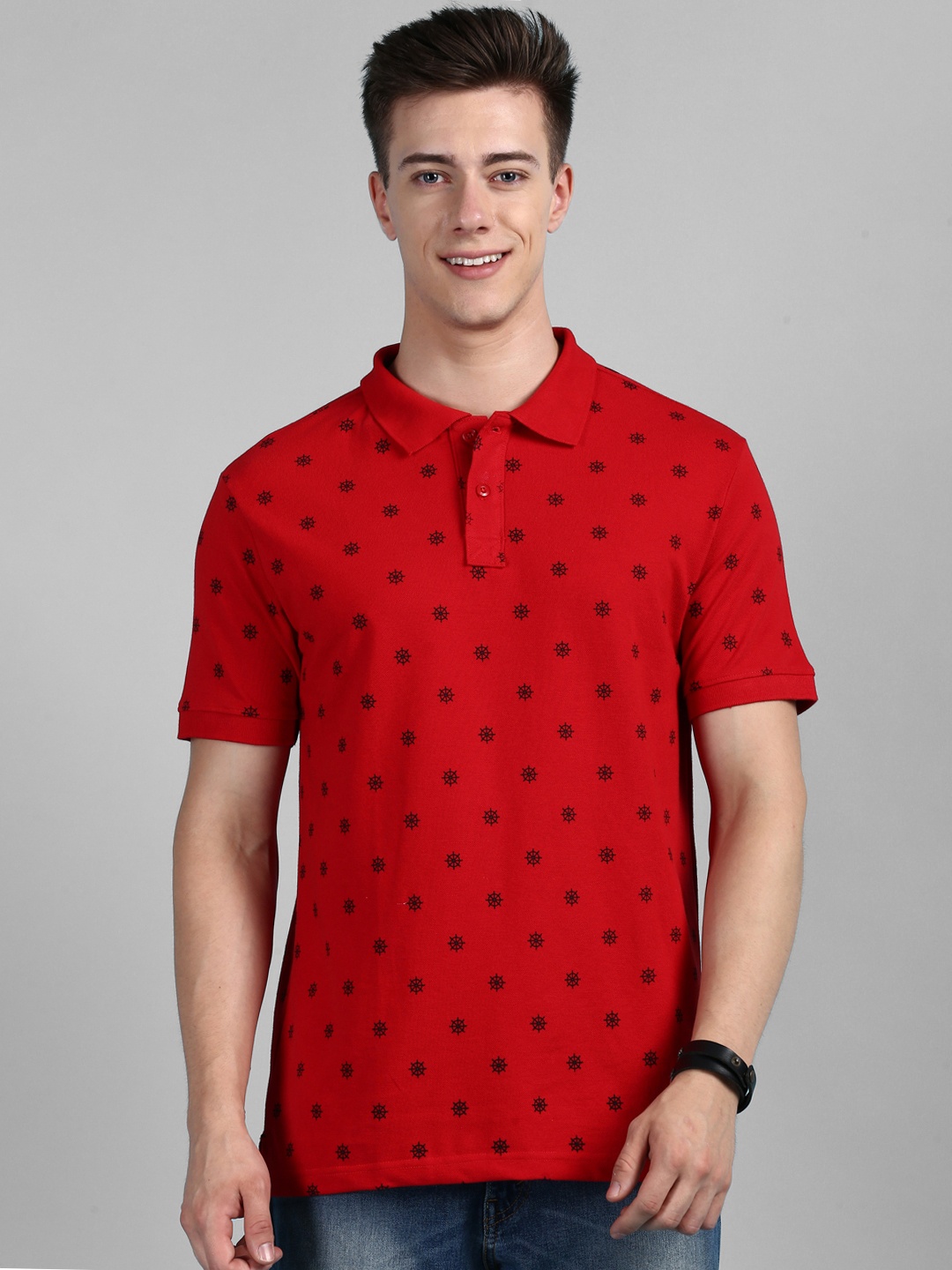 

ONN Geometric Printed Polo Collar Anti Odour Knitted Pure Cotton T-Shirt, Red