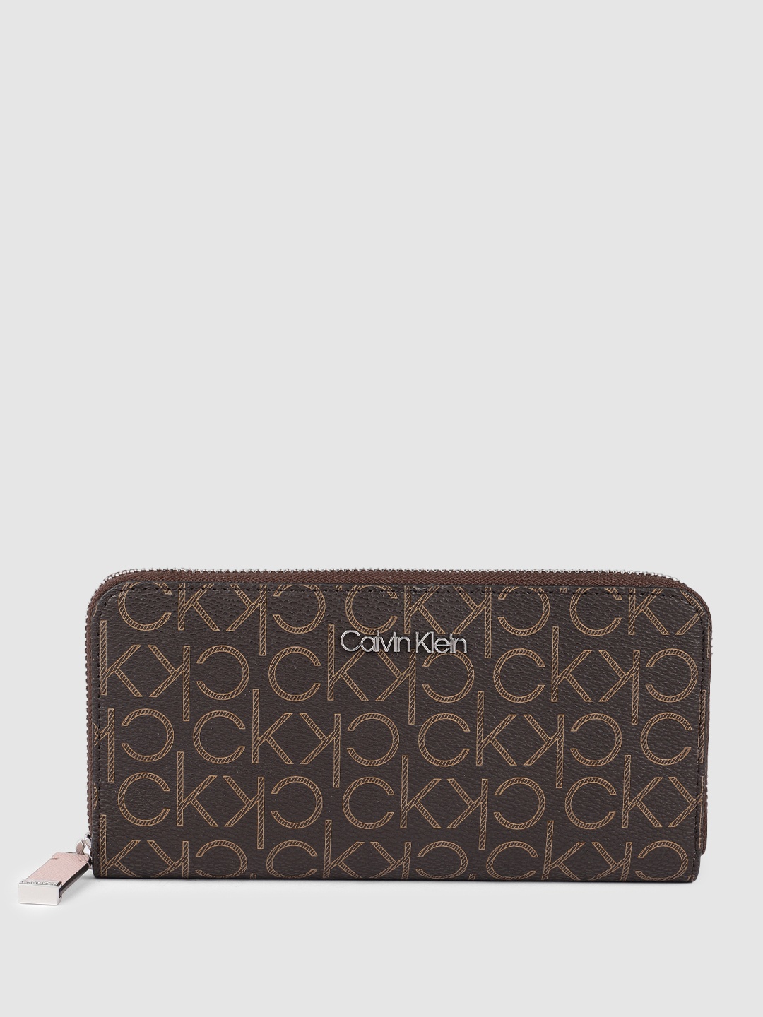 

Calvin Klein Women Brand Logo Print & Textured Zip Around Wallet, Brown