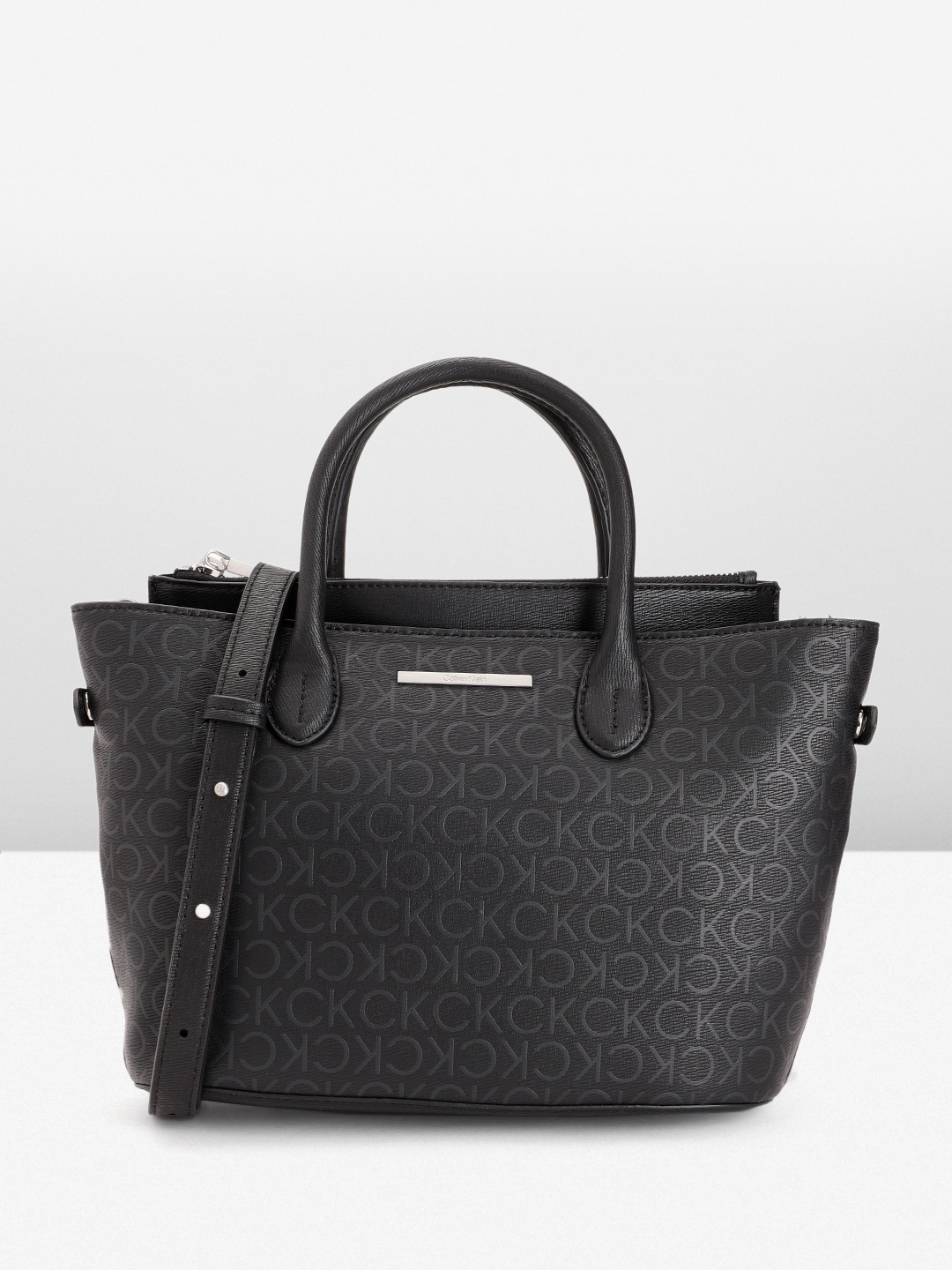 Calvin Klein Brand Logo Printed Structured Handheld Bag, Black