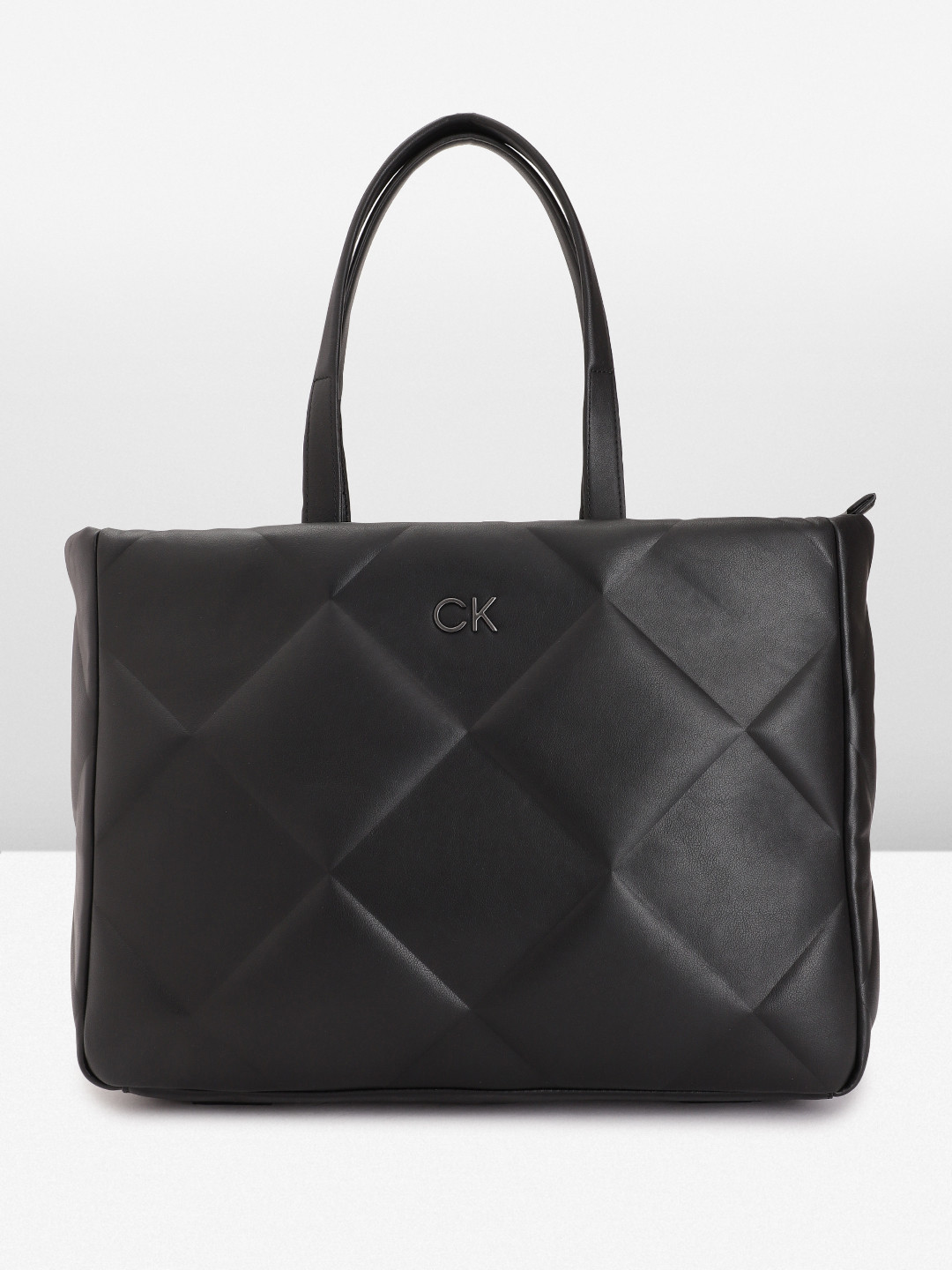 

Calvin Klein Geometric Self Design Oversized Shoulder Bag with Semi-Quilted Detail, Black