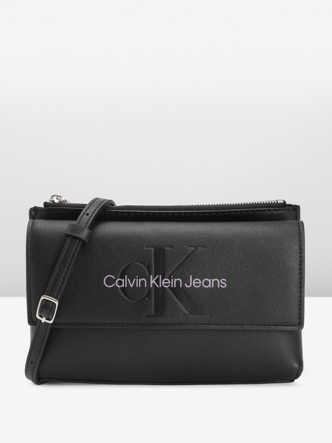 

Calvin Klein Brand Logo Printed Structured Crossbody Sling Bag, Black
