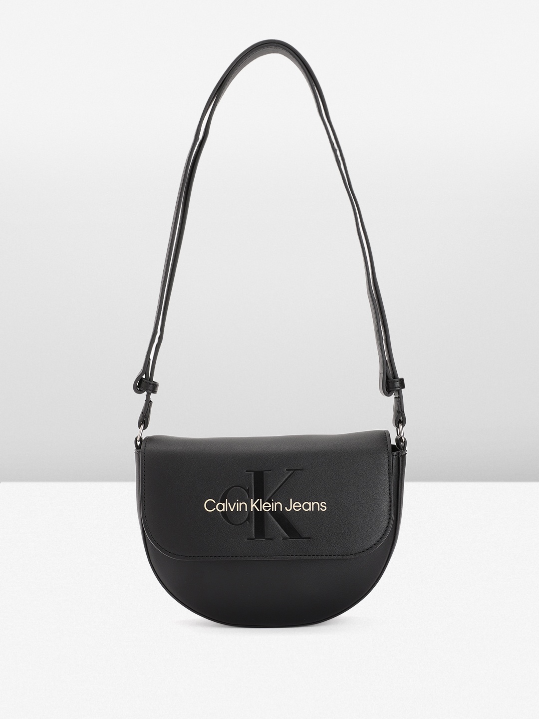 

Calvin Klein Brand Logo Printed & Debossed Half Moon Shoulder Bag, Black