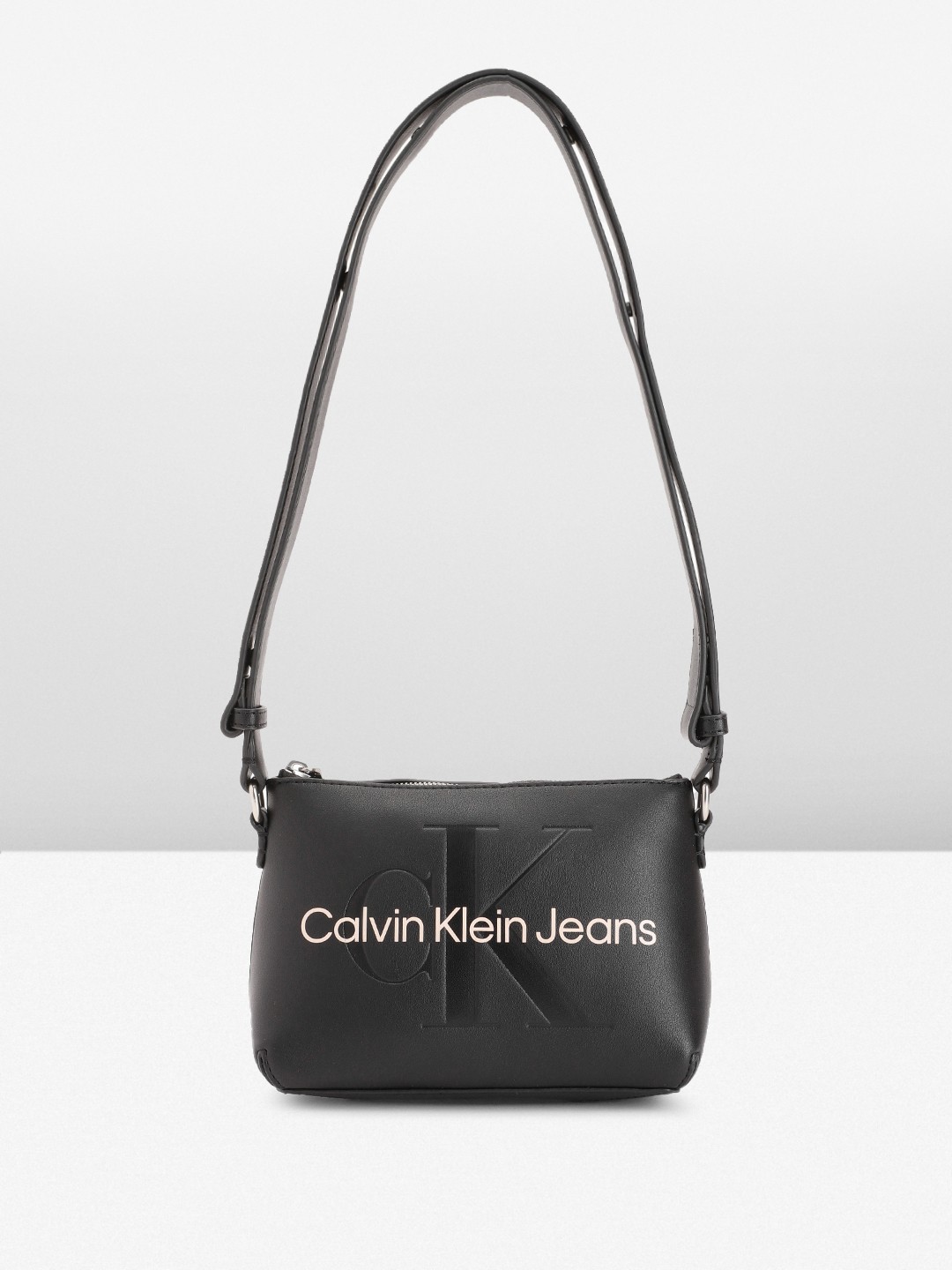 

Calvin Klein Brand Logo Print & Embossed PU Structured Shoulder Bag, Black