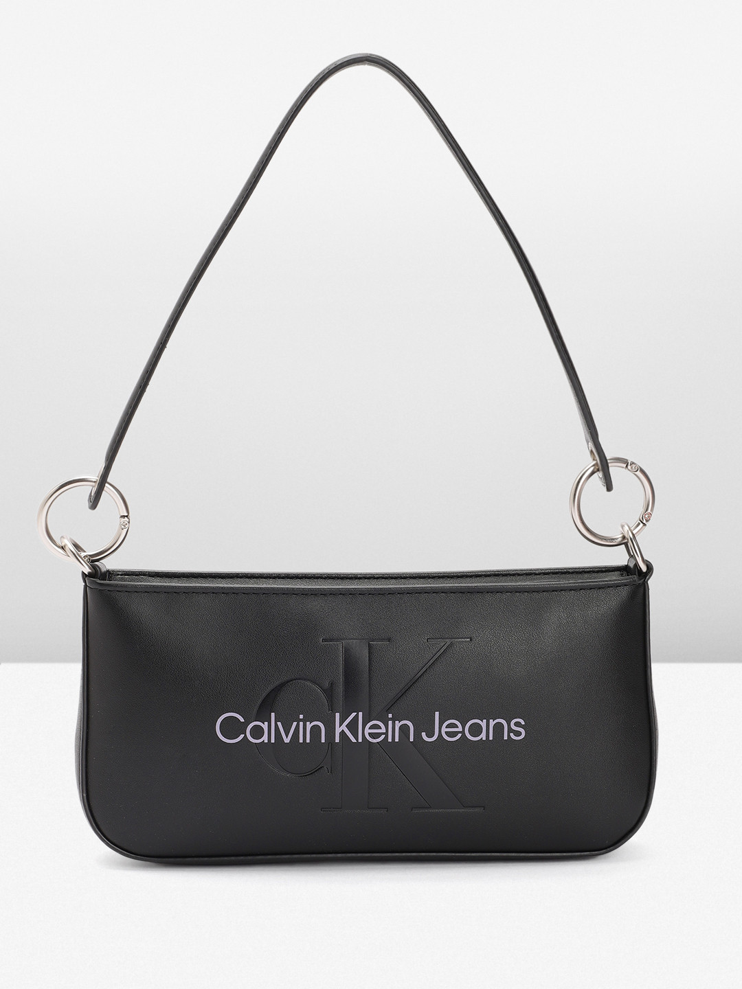 

Calvin Klein Brand Logo Debossed & Printed PU Structured Baguette Bag, Black