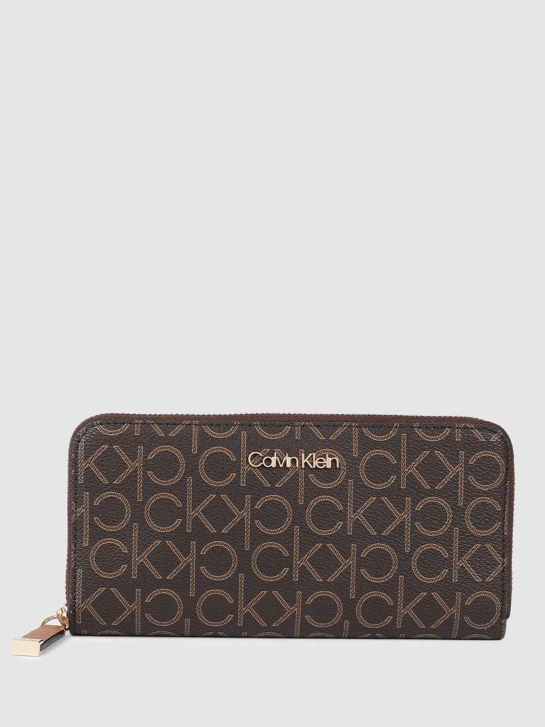 

Calvin Klein Women Brand Logo Print & Textured PU Zip Around Wallet, Brown