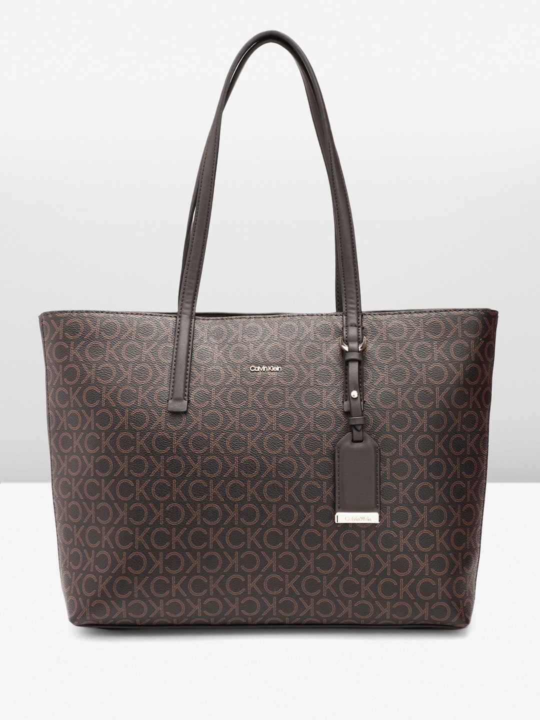 

Calvin Klein Brand Logo Printed Structured Shoulder Bag, Brown
