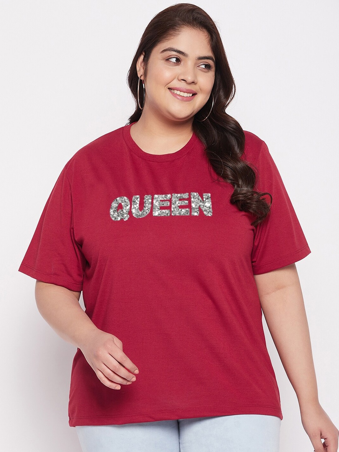 

AUSTIVO Plus Size Embellished Round Neck T-Shirt, Maroon