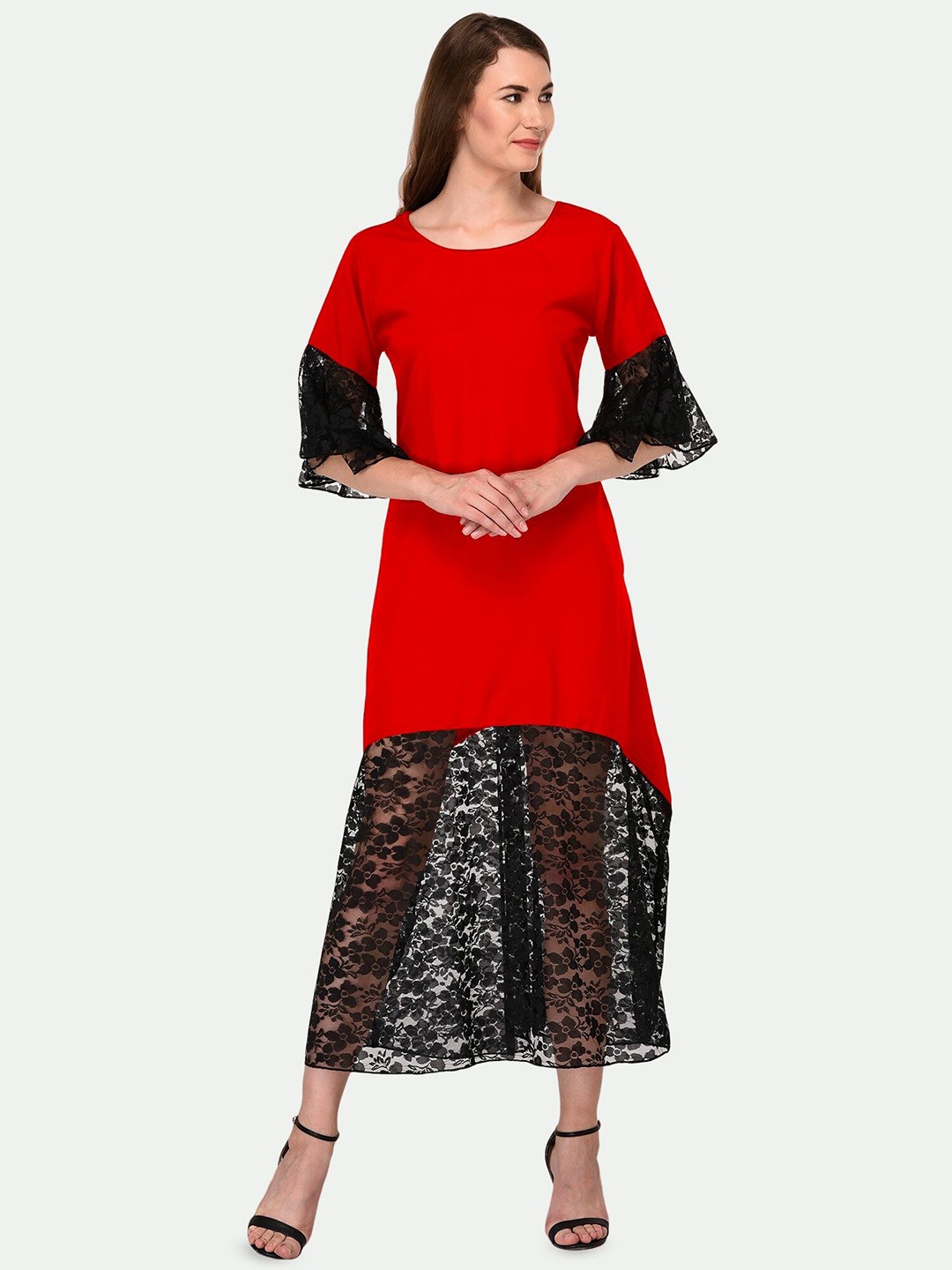 

PATRORNA Self Design Bell Sleeves A-Line Midi Dress, Red