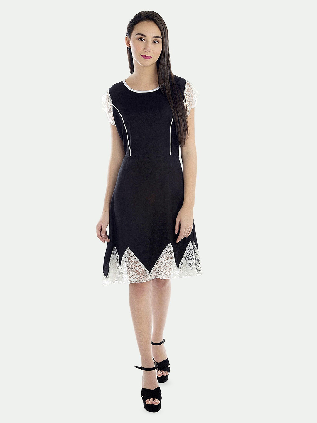 

PATRORNA Lace Inserts Cotton A-Line Dress, Black