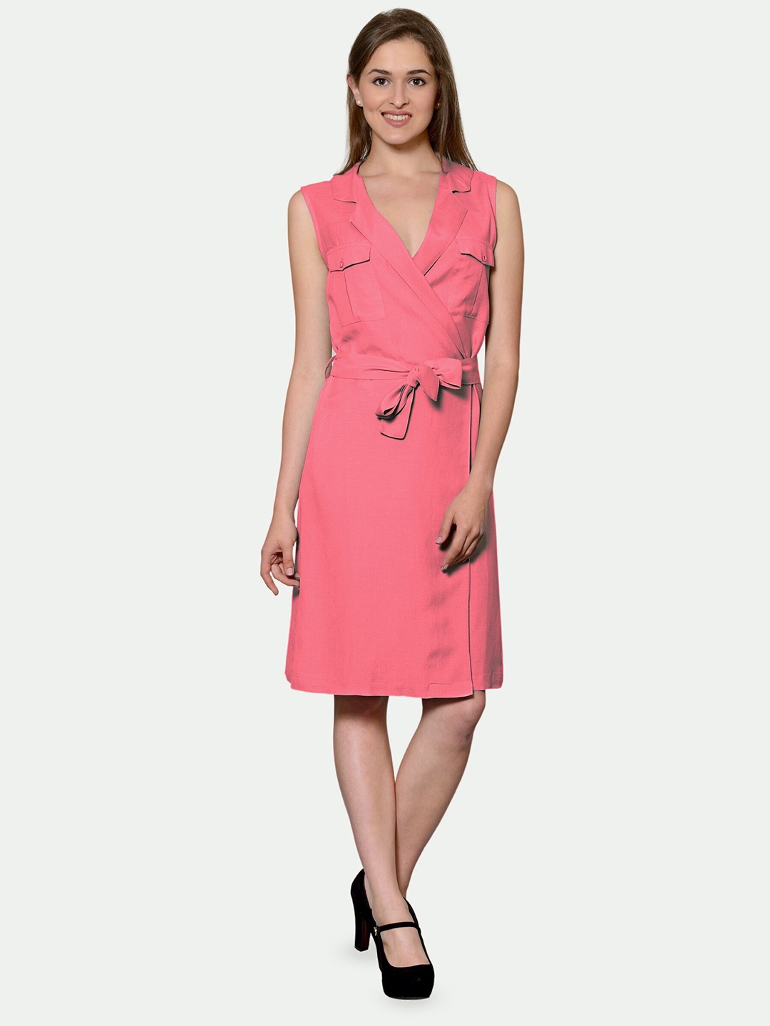 

PATRORNA Tie-Up Detail Belted Knee Length Wrap Dress, Pink