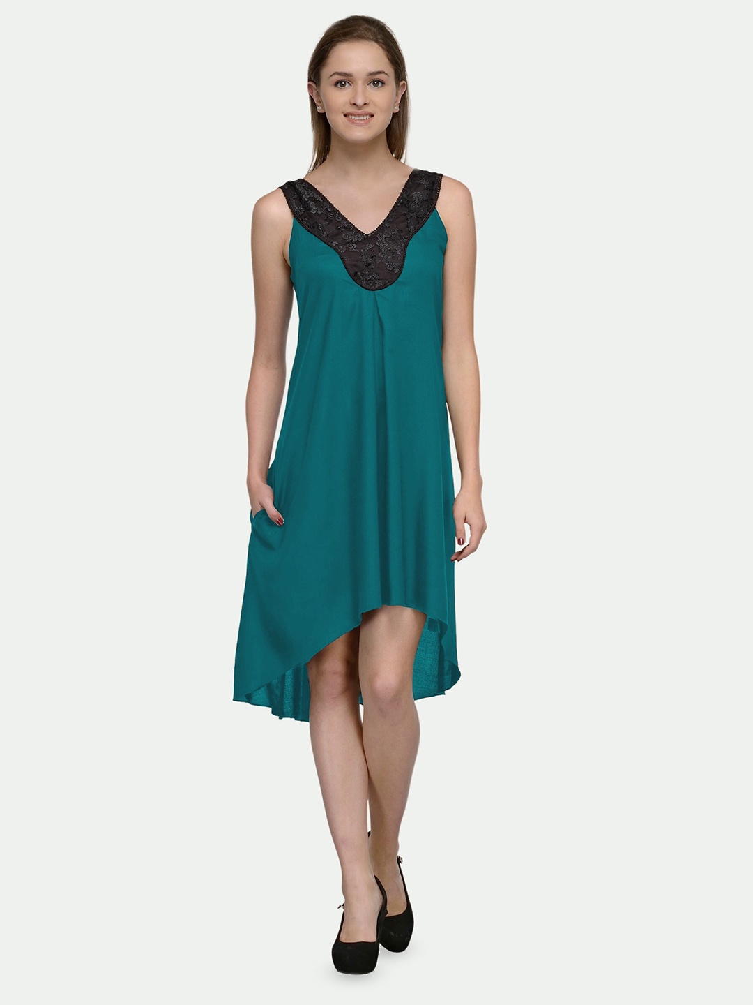 

PATRORNA Lace Inserts Cotton A-Line Dress, Black