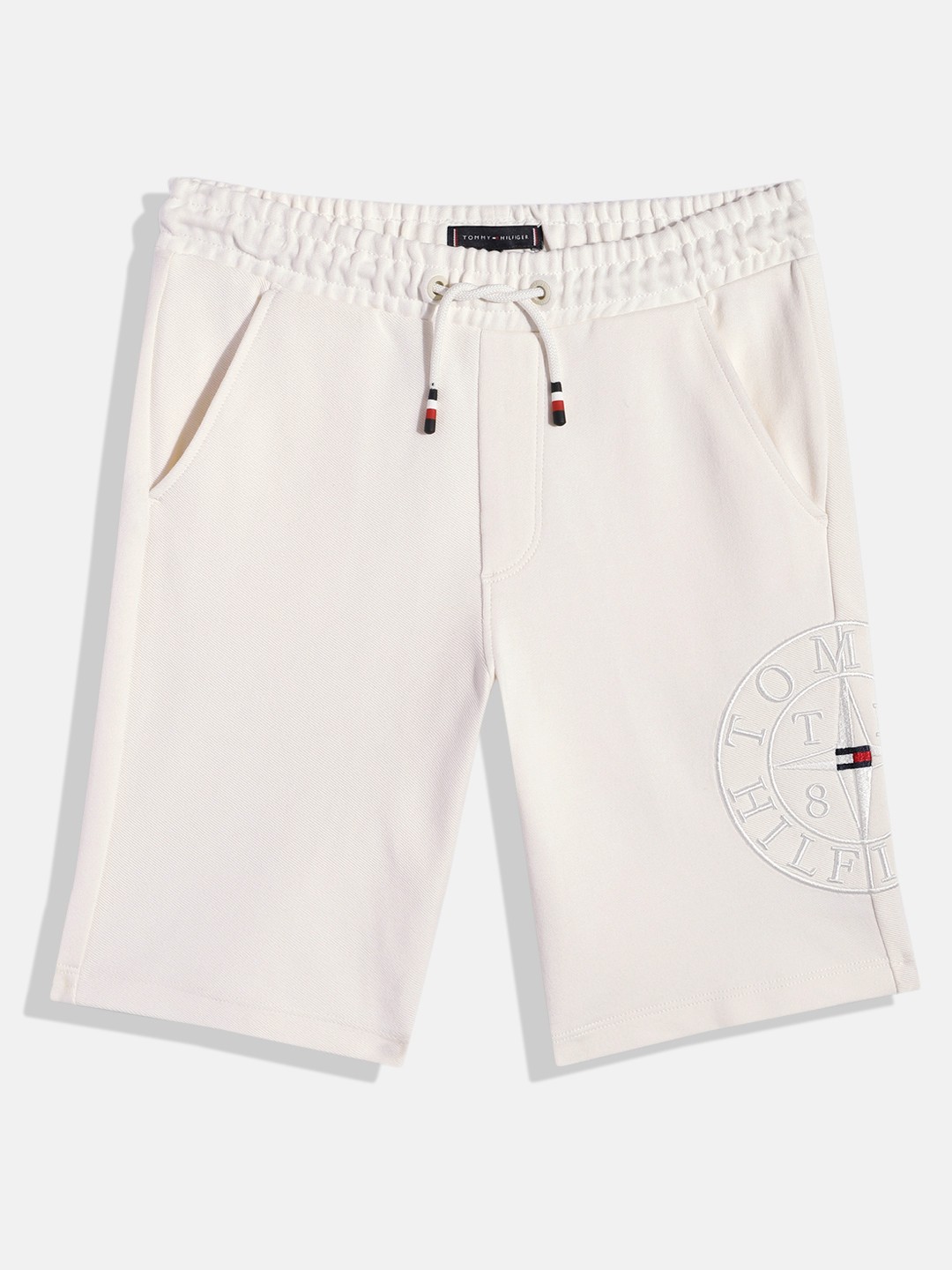 

Tommy Hilfiger Boys Brand Logo Embroidered Regular Fit Mid-Rise Pure Cotton Knitted Shorts, Off white