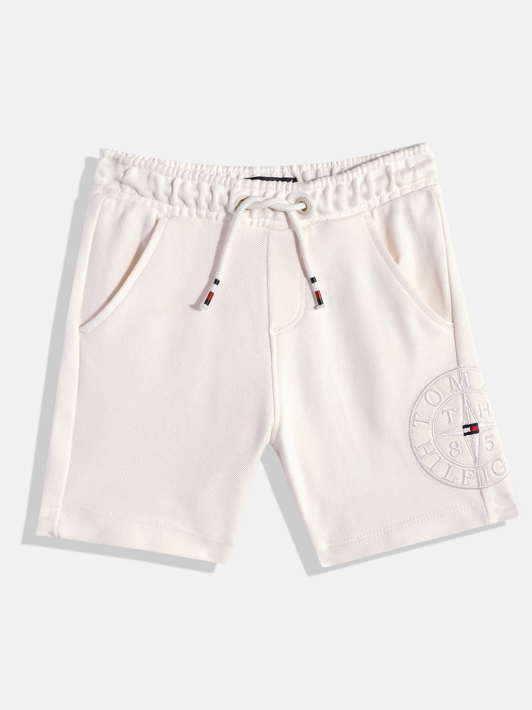 

Tommy Hilfiger Boys Brand Logo Embroidered Regular Fit Mid-Rise Pure Cotton Knitted Shorts, Off white