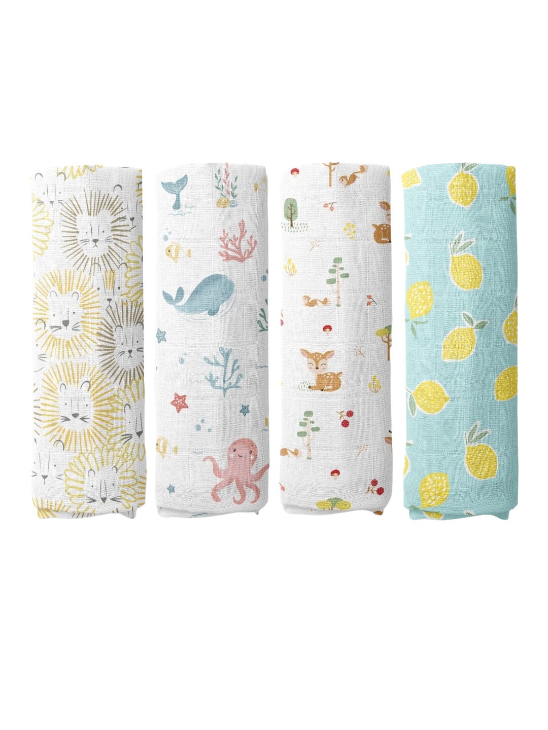 haus & kinder Infant Kids Set of 4 Pure Cotton Printed Swaddles, White