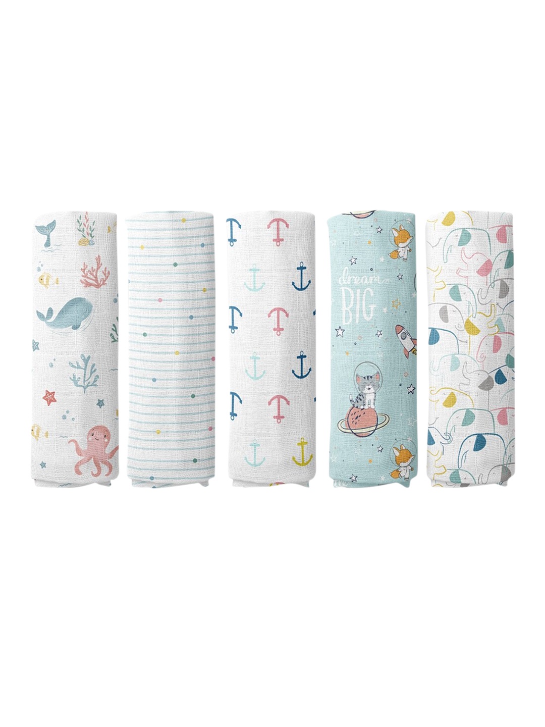 

haus & kinder Infant Kids Set of 5 Pure Cotton Printed Swaddles, White