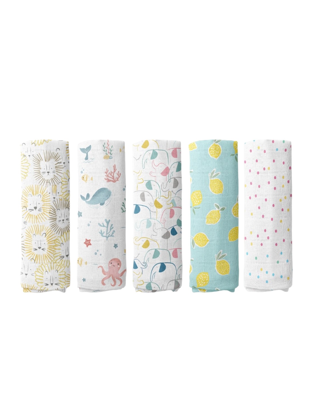 

haus & kinder Infants Set Of 5 Dream Safari Printed Pure Cotton Swaddles, White