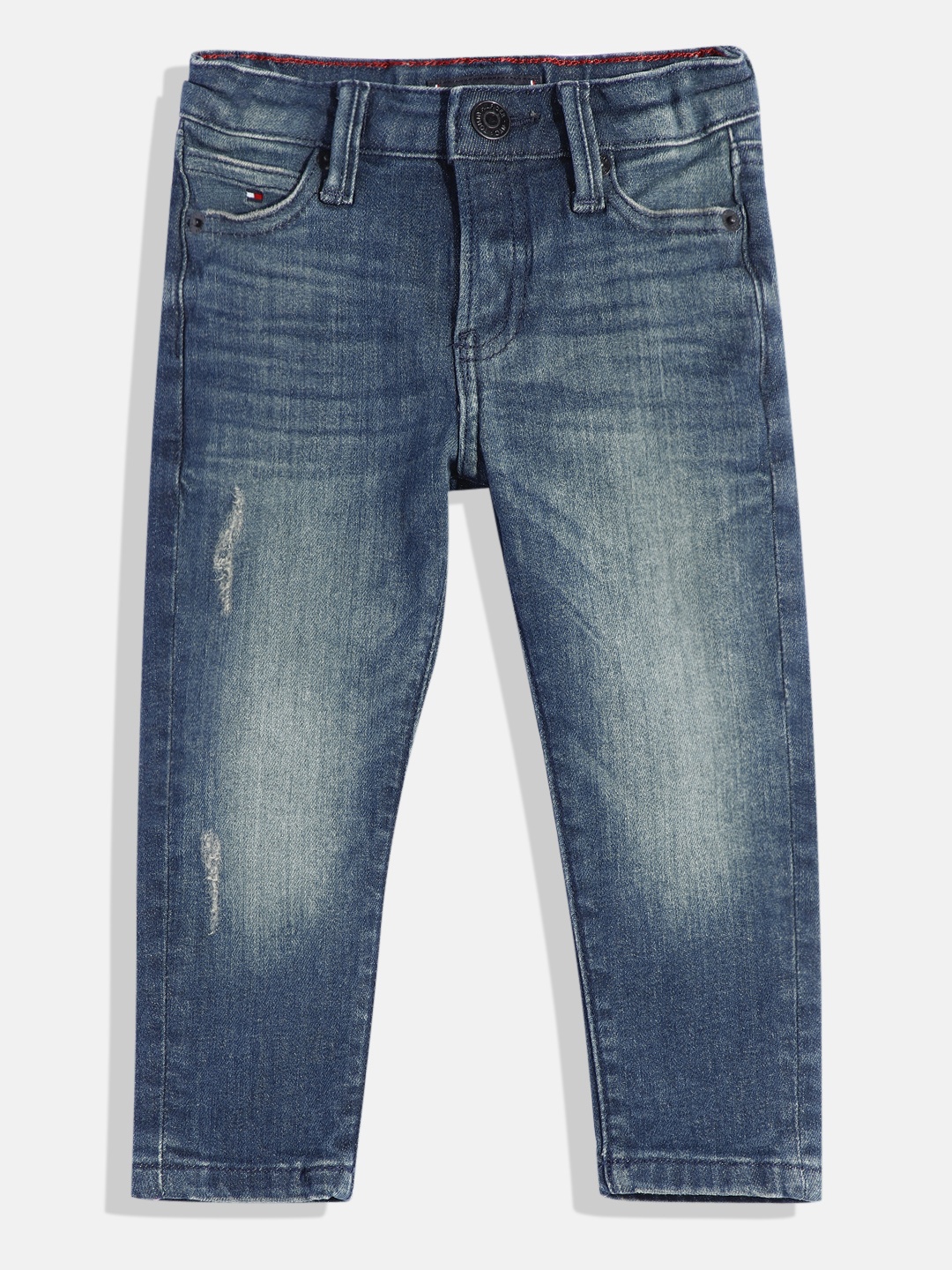 

Tommy Hilfiger Boys Straight Fit Mid-Rise Low Distress Heavy Fade Stretchable Jeans, Blue