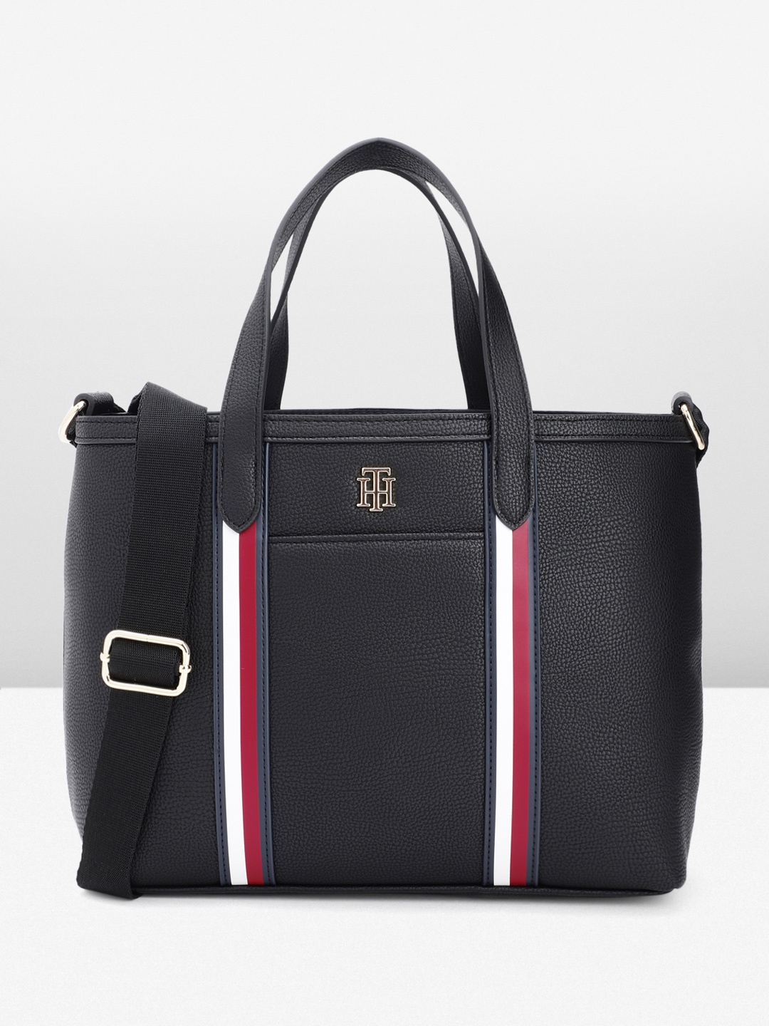 

Tommy Hilfiger Textured PU Structured Handheld Bag With Minimal Striped Detail, Black