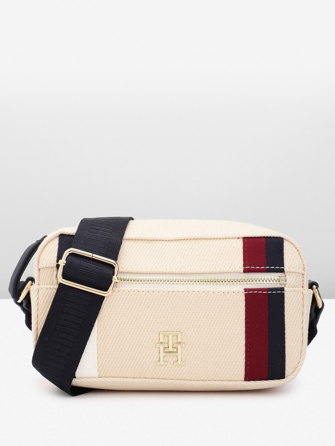 

Tommy Hilfiger Striped Structured Sling Bag, Beige