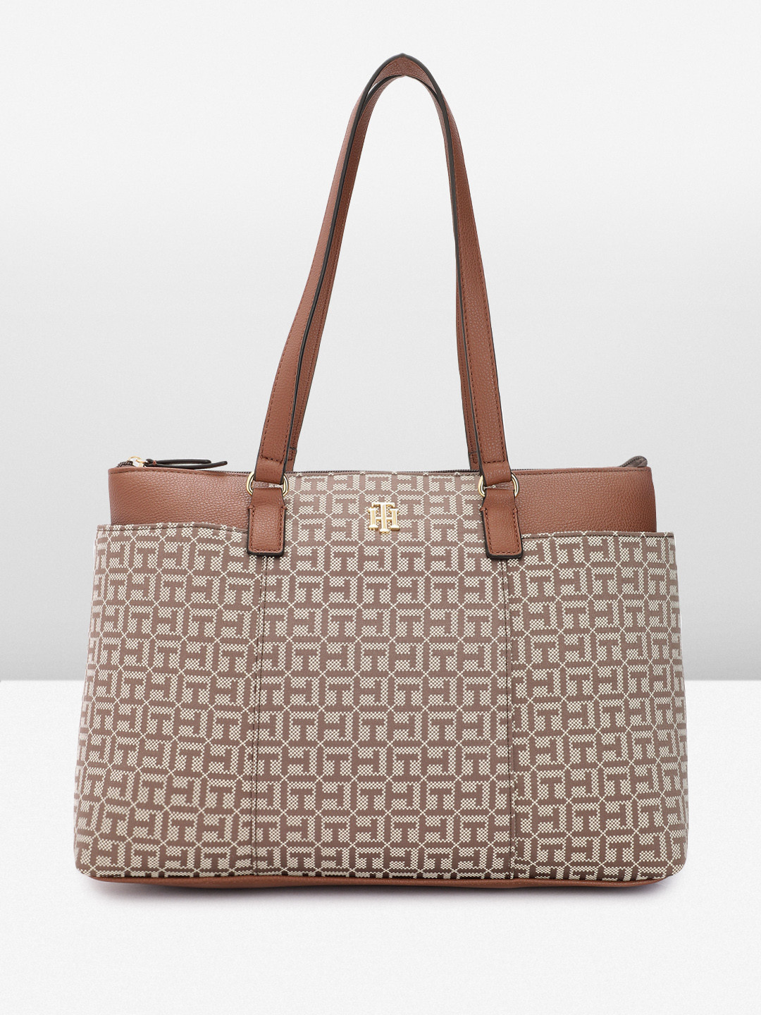 

Tommy Hilfiger Brand Logo Self Design Structured Shoulder Bag With Colourblocked Detail, Brown