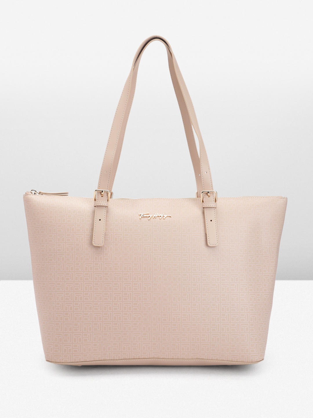 

Tommy Hilfiger Brand Logo Print PU Oversized Structured Shoulder Bag, Beige