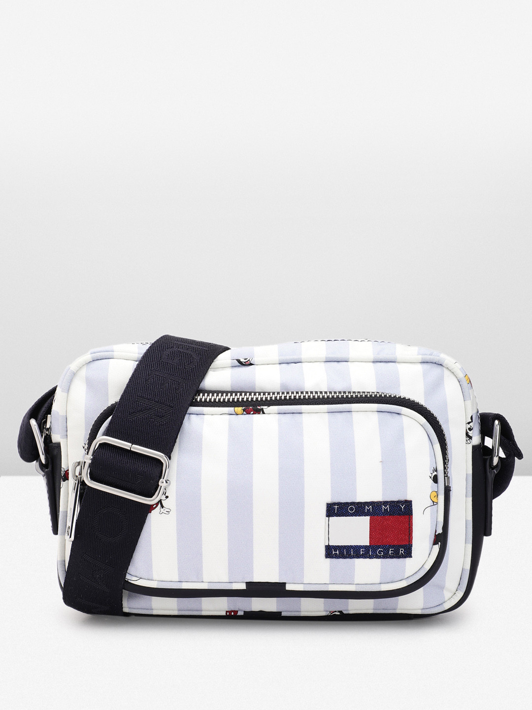 

Tommy Hilfiger Striped Structured Cross Over Sling Bag with Mickey Mouse Print, White