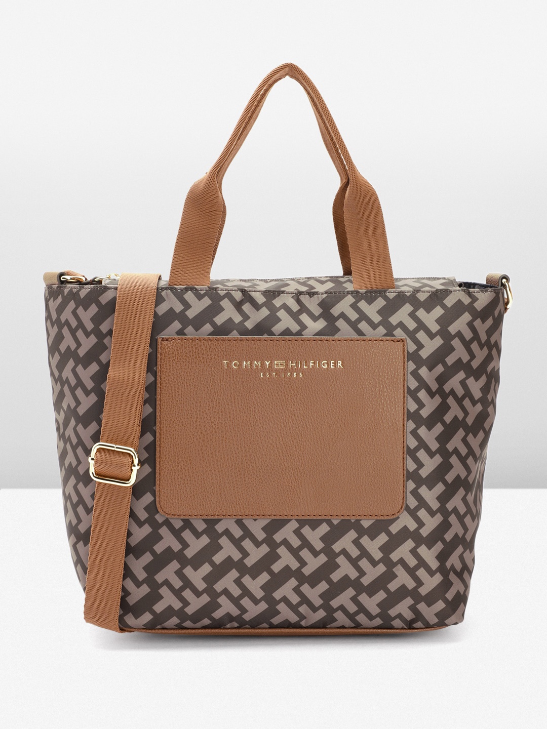 

Tommy Hilfiger Brand Logo Printed Structured Handheld Bag, Brown