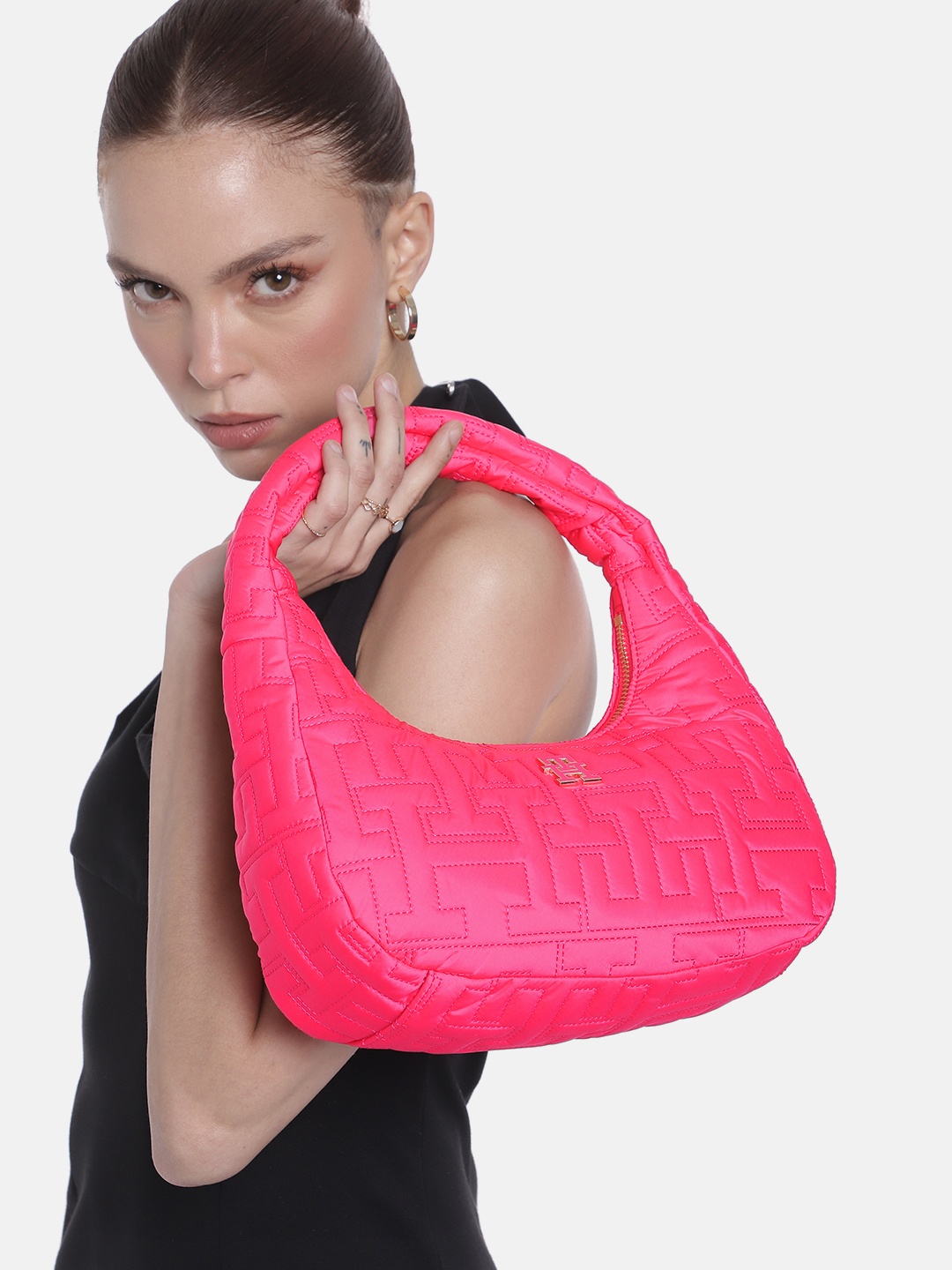 

Tommy Hilfiger Brand Logo Stitch Textured Structured Shoulder Bag, Pink