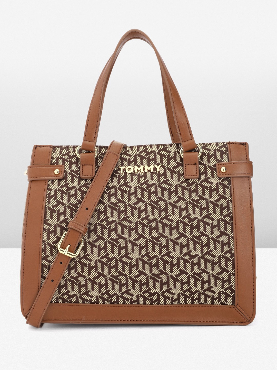 

Tommy Hilfiger Brand Logo Design Structured Handheld Bag, Beige
