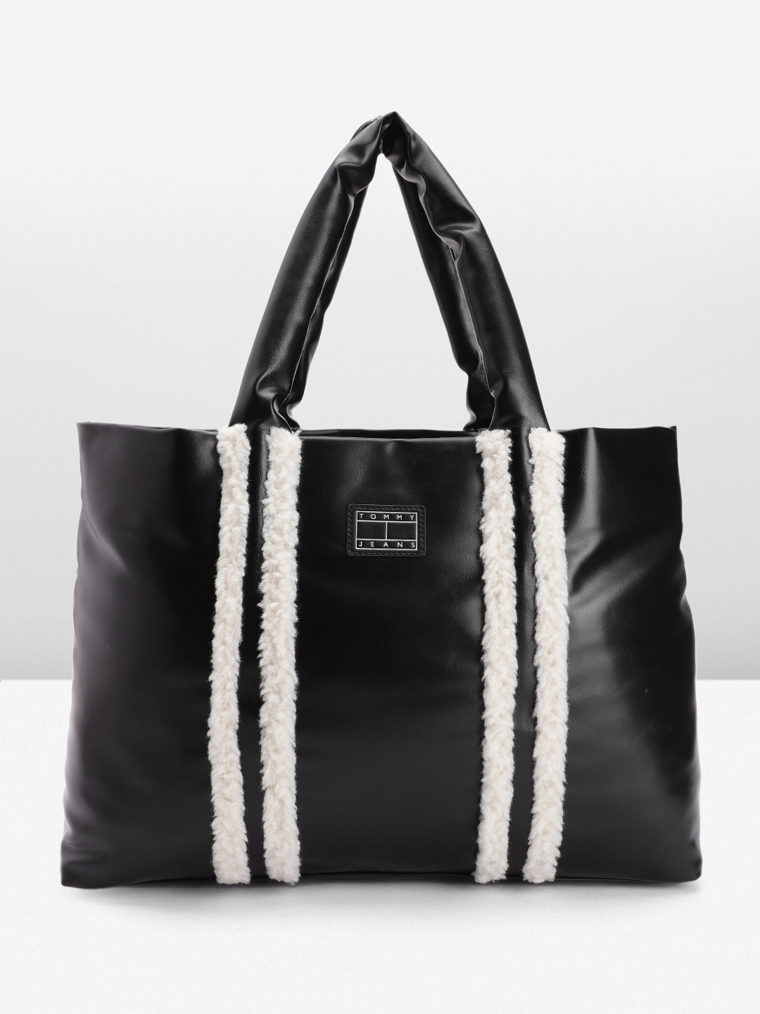 

Tommy Hilfiger Solid PU Oversized Structured Shoulder Bag With Fur Striped Detail, Black